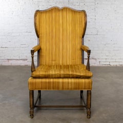 Rustic Colonial Style High Wingback Fireside Chair Oak Frame Gold Stripe Fabric