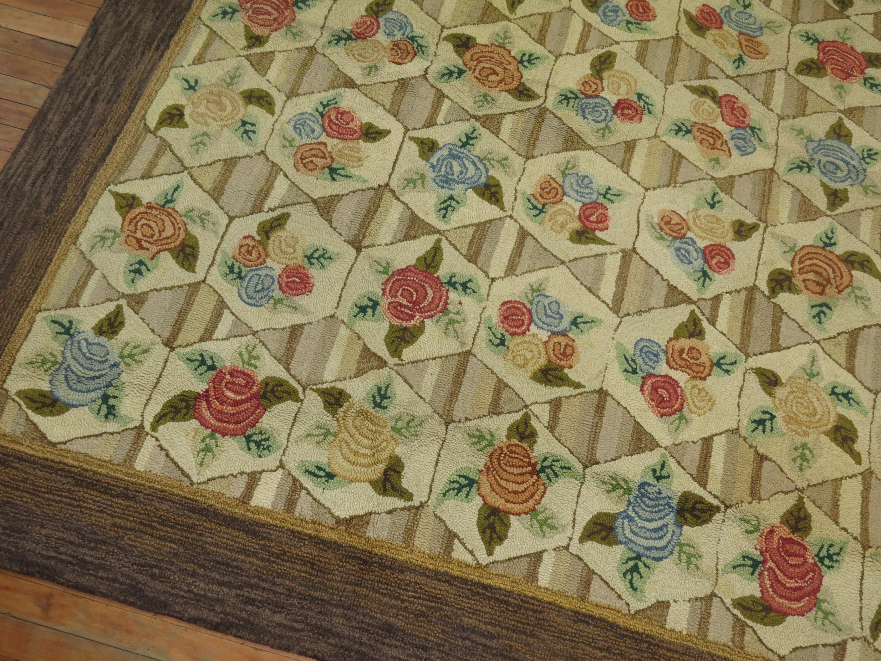 Rustic Color Floral Motif American Hooked Room Size Rug, Mid-20th Century For Sale 2