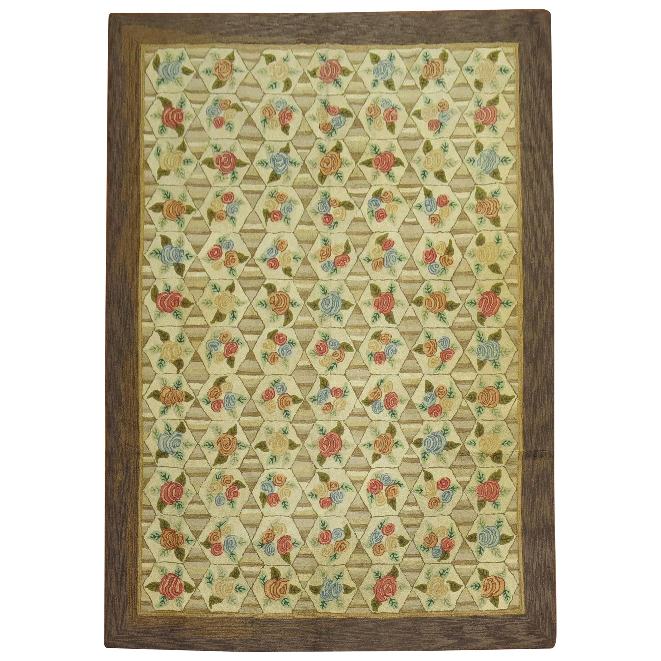 Rustic Color Floral Motif American Hooked Room Size Rug, Mid-20th Century