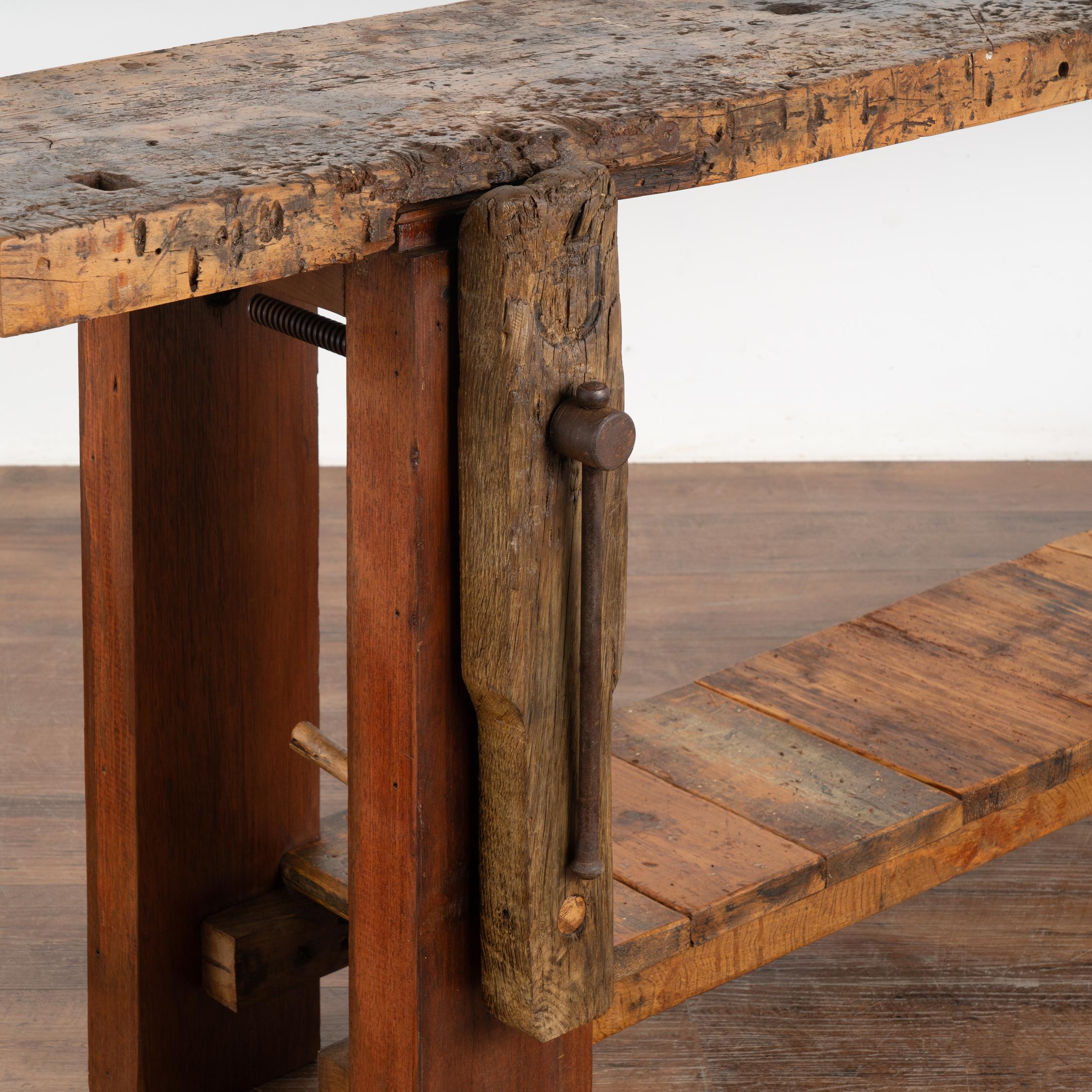  Rustic Console Table With Shelf, Carpenter's Workbench from France circa 1880 5