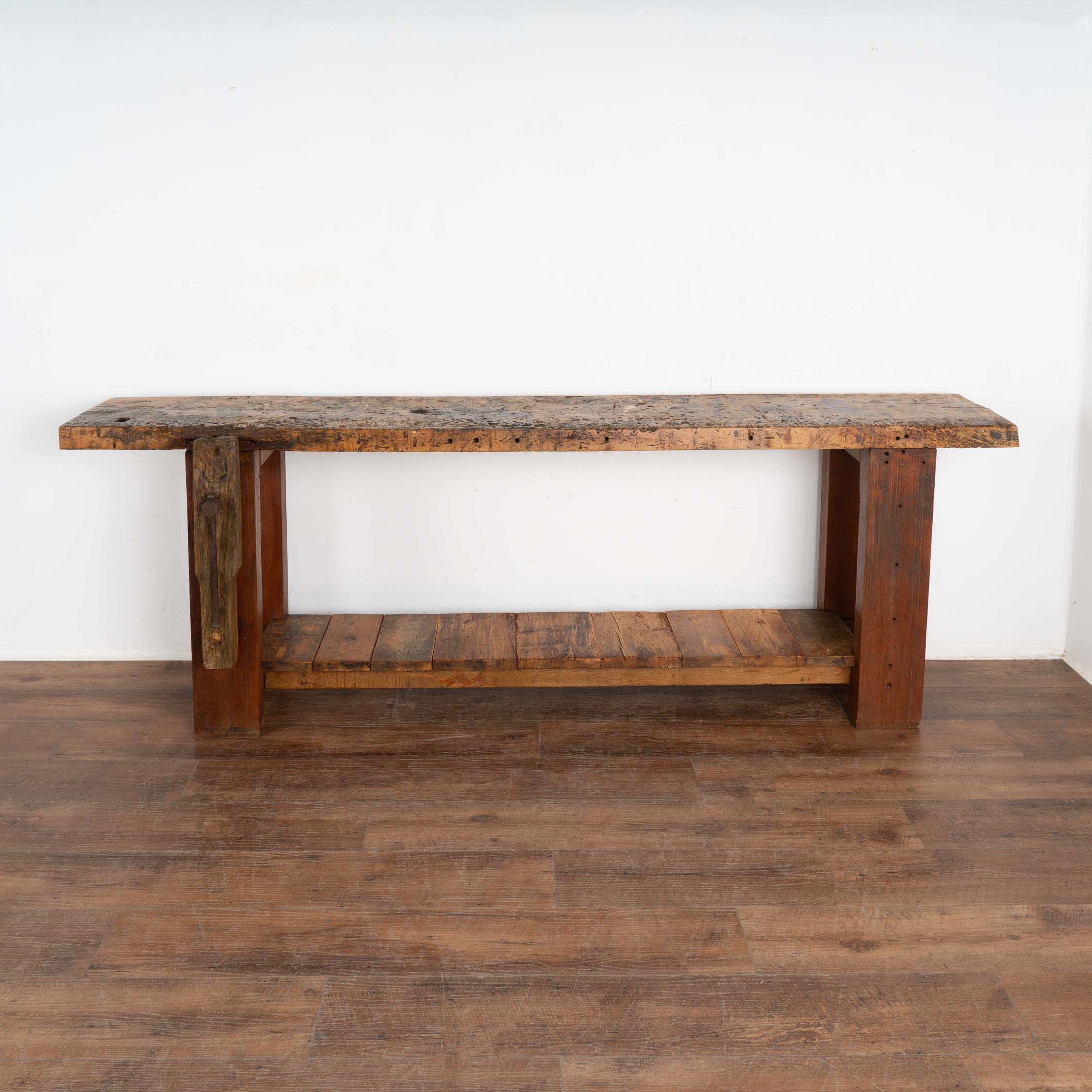 French  Rustic Console Table With Shelf, Carpenter's Workbench from France circa 1880