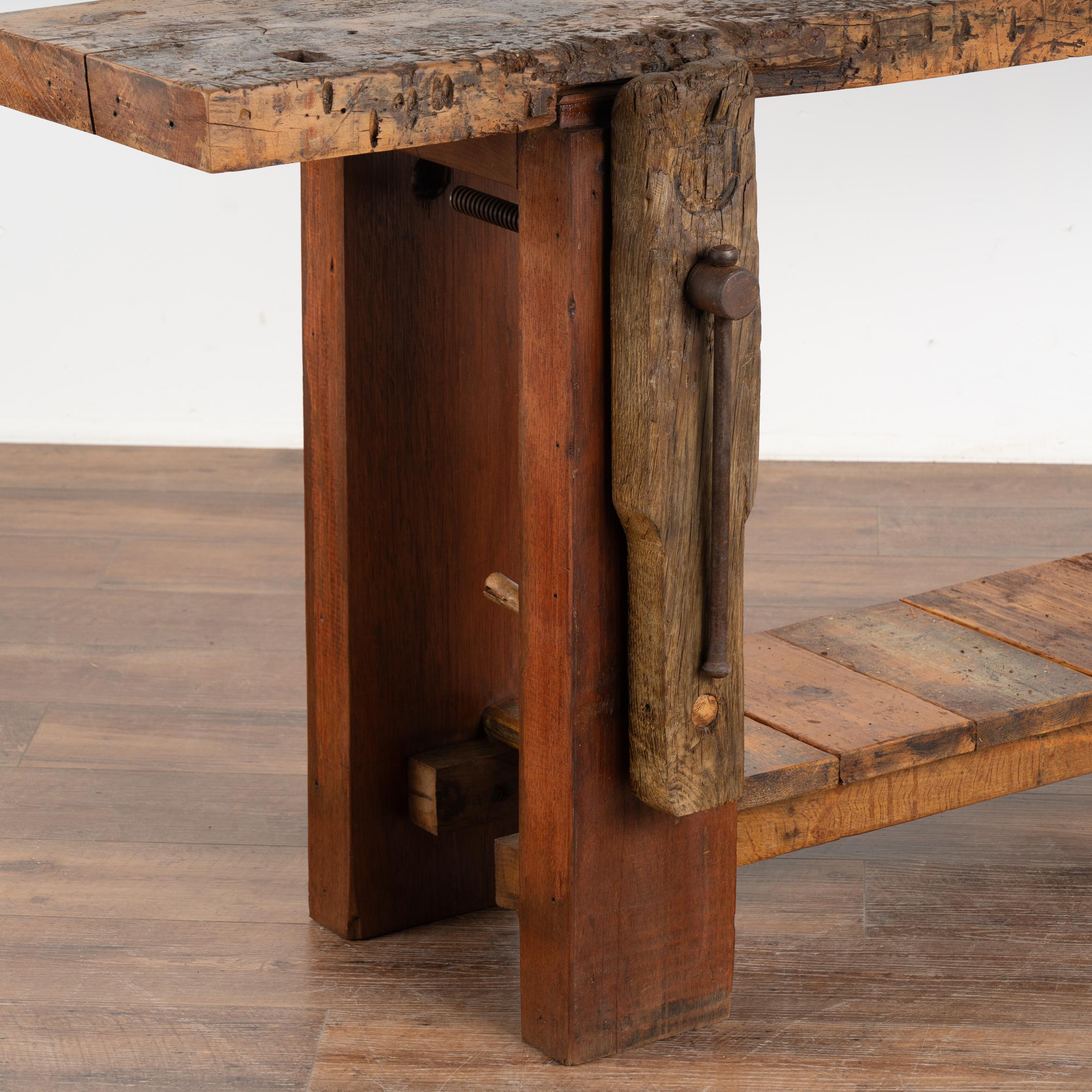 19th Century  Rustic Console Table With Shelf, Carpenter's Workbench from France circa 1880