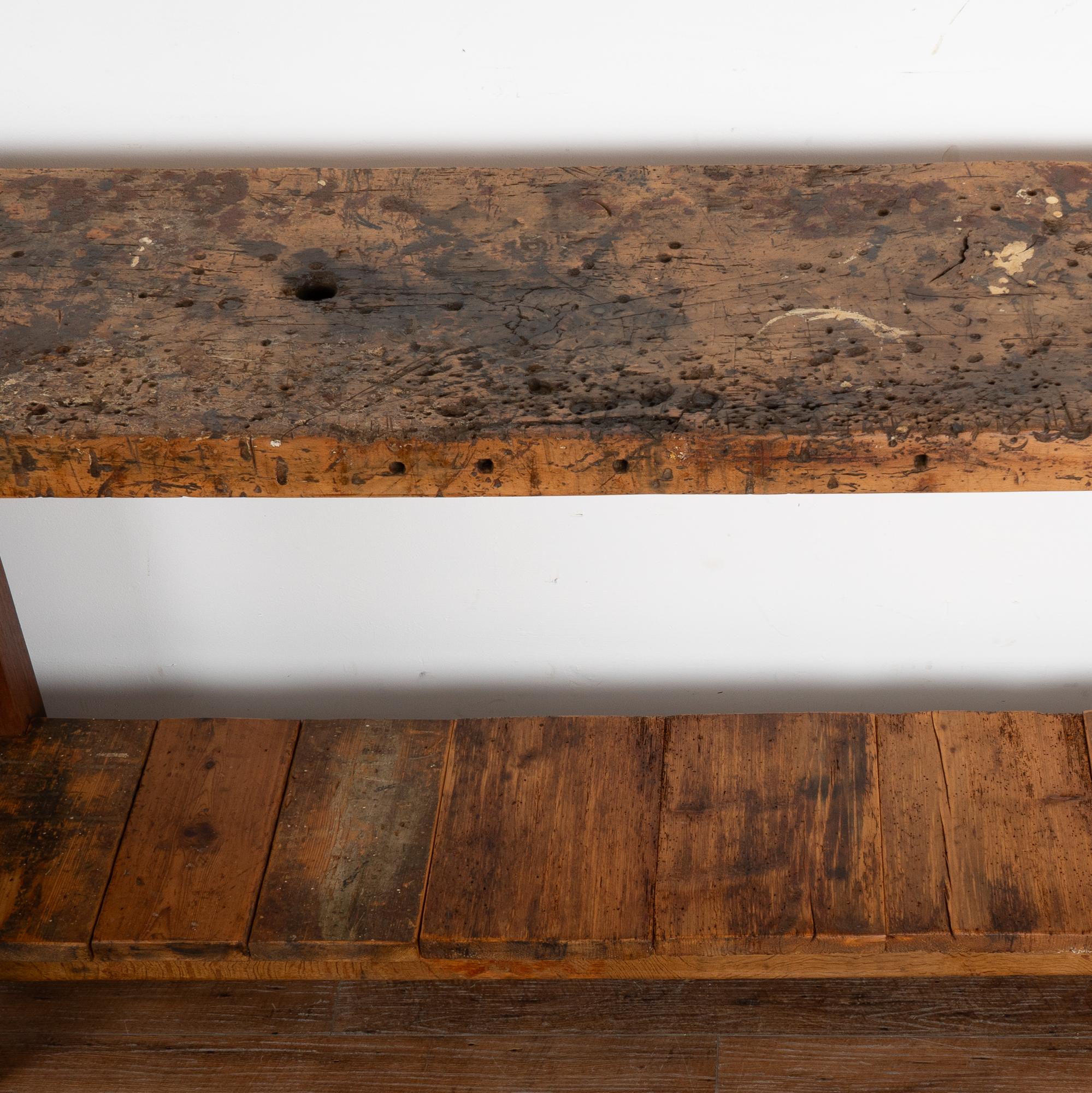 Wood  Rustic Console Table With Shelf, Carpenter's Workbench from France circa 1880