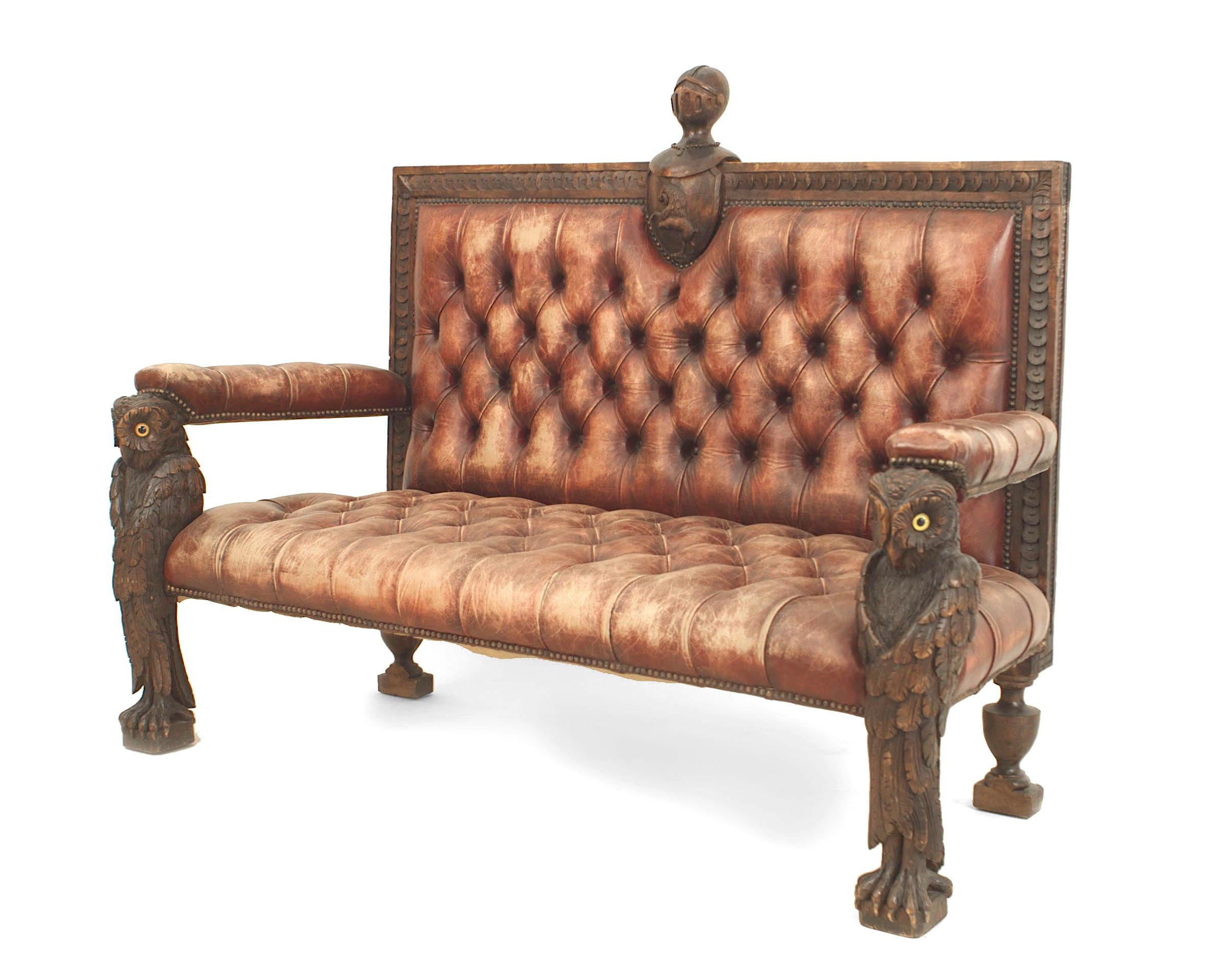Rustic Continental (19th Cent) walnut carved loveseat with owl figural front legs and red tufted leather upholstery (matching Pair of armchairs: 057846)

