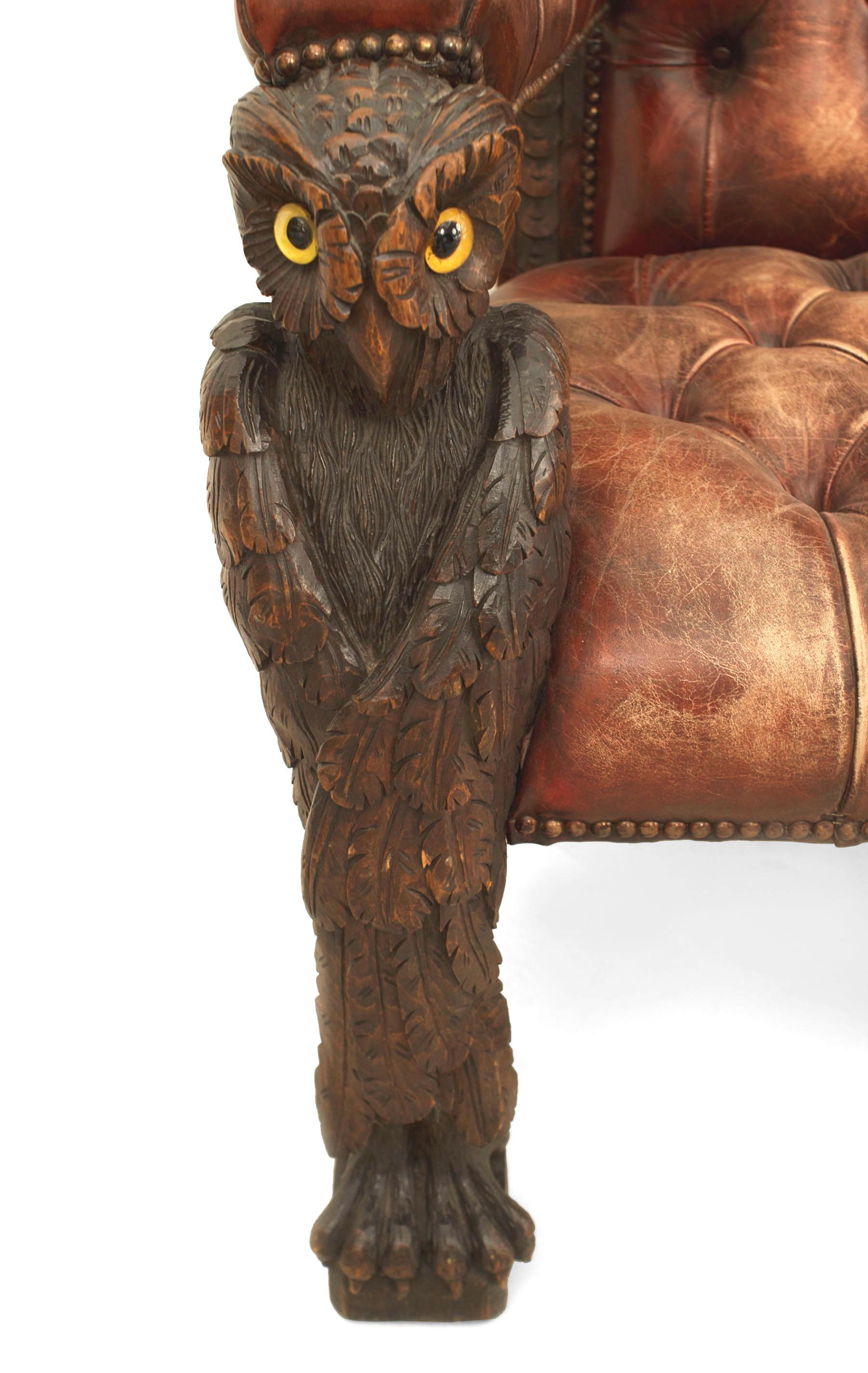 Rustic Continental Owl Walnut and Leather Loveseat In Good Condition In New York, NY