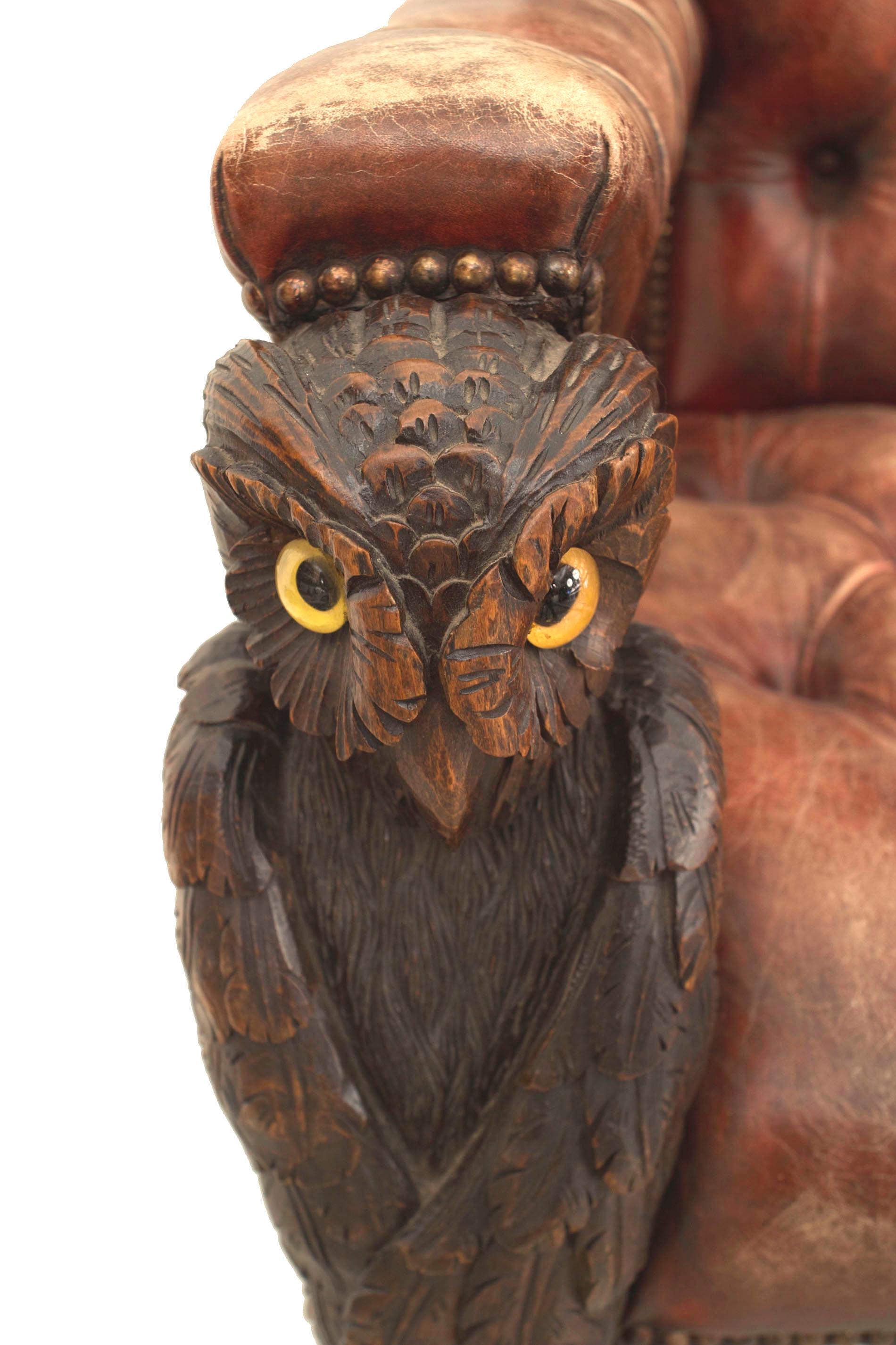 19th Century Rustic Continental Owl Walnut and Leather Loveseat