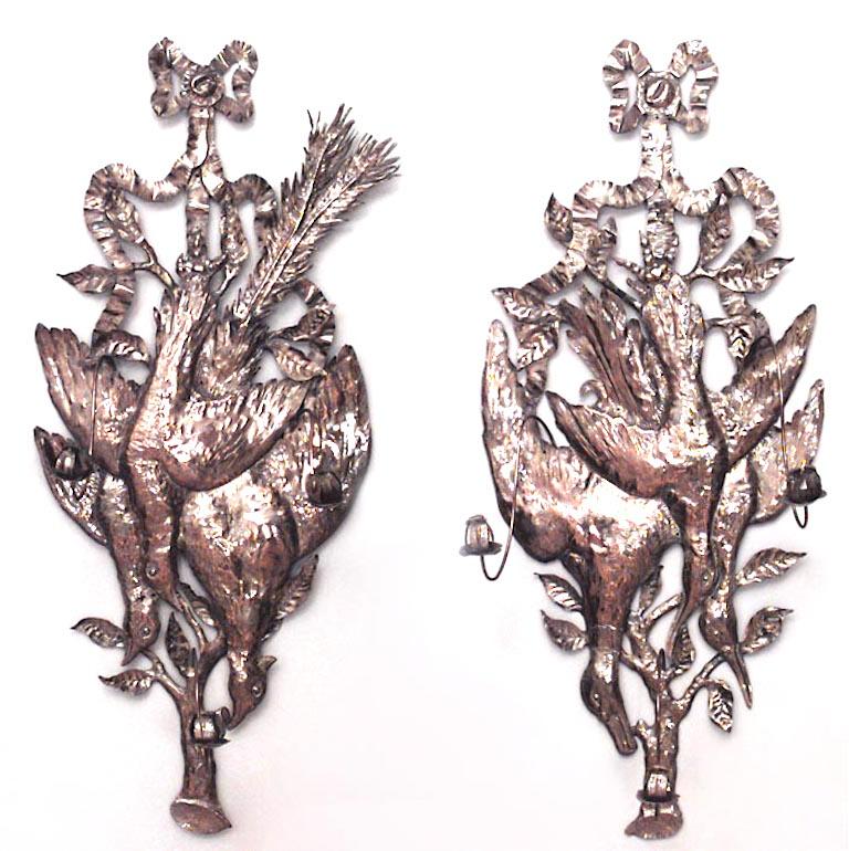 Pair of Rustic Continental German-style (19/20th Century) hammered brass wall sconces with three arms and game bird design. (PRICED AS Pair)
