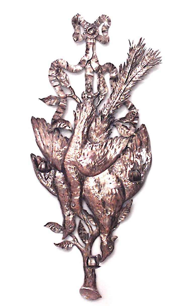 Pair of Rustic Continental German Style Brass Game Bird Wall Sconces In Good Condition For Sale In Queens, NY