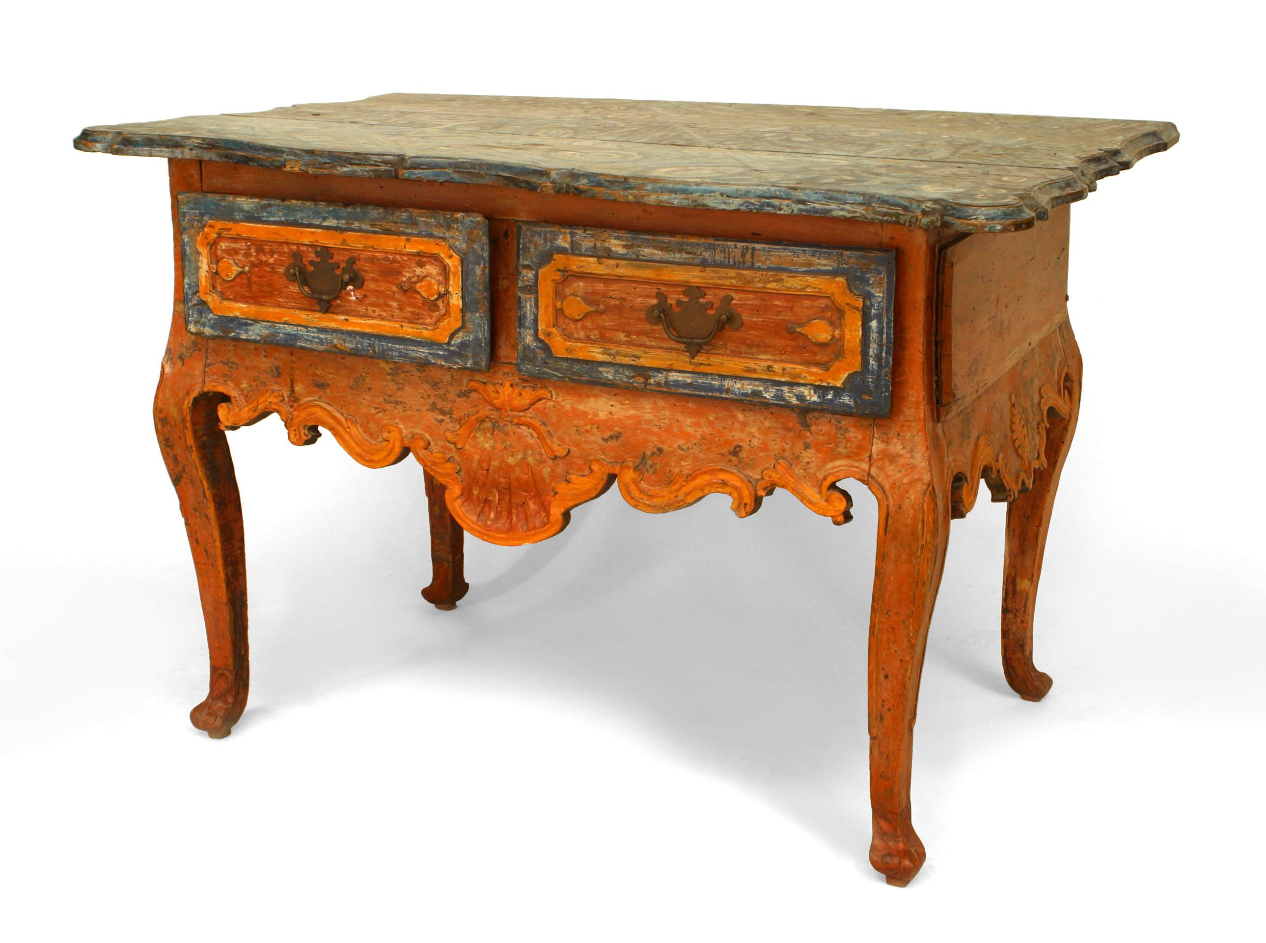 Rustic Continental (Portuguese) 18th century orange and blue painted commode with two drawers and a blue decorated top with serpentine shaped front and sides.
 