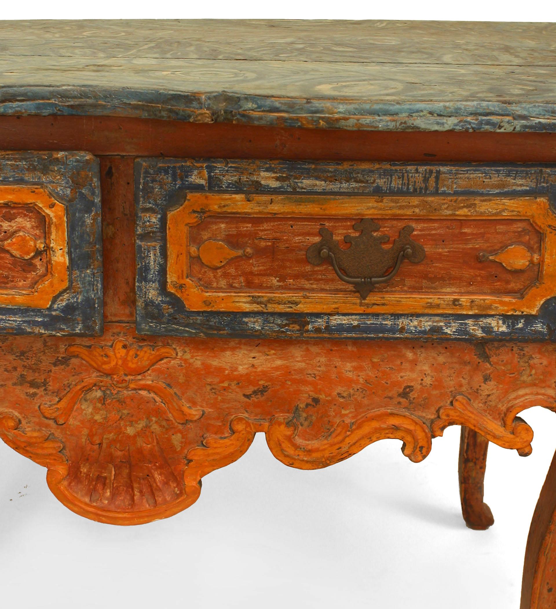 Rustic Continental ‘Portuguese’ 18th Century Orange and Blue Painted Commode In Good Condition In New York, NY