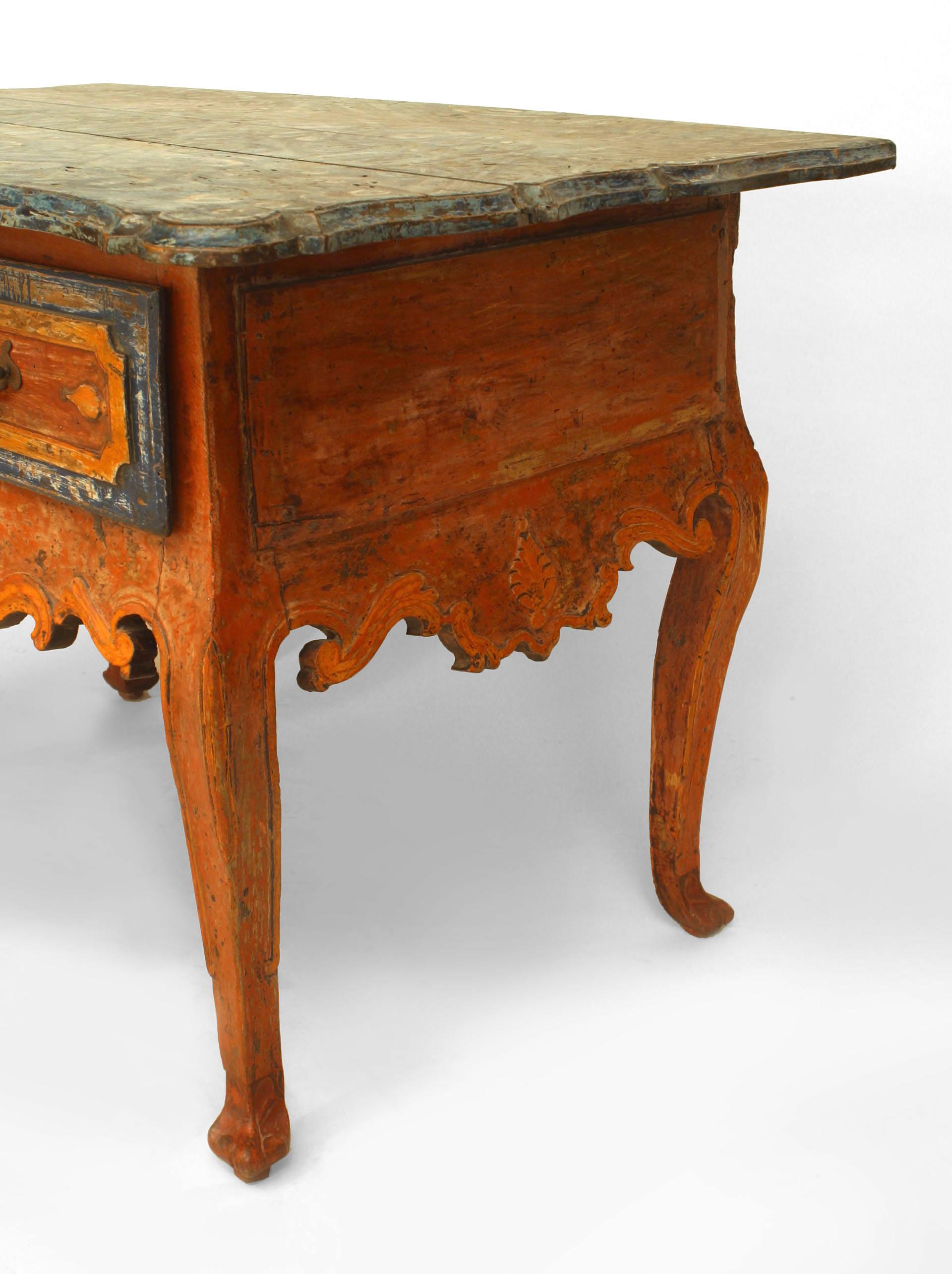 18th Century and Earlier Rustic Continental ‘Portuguese’ 18th Century Orange and Blue Painted Commode