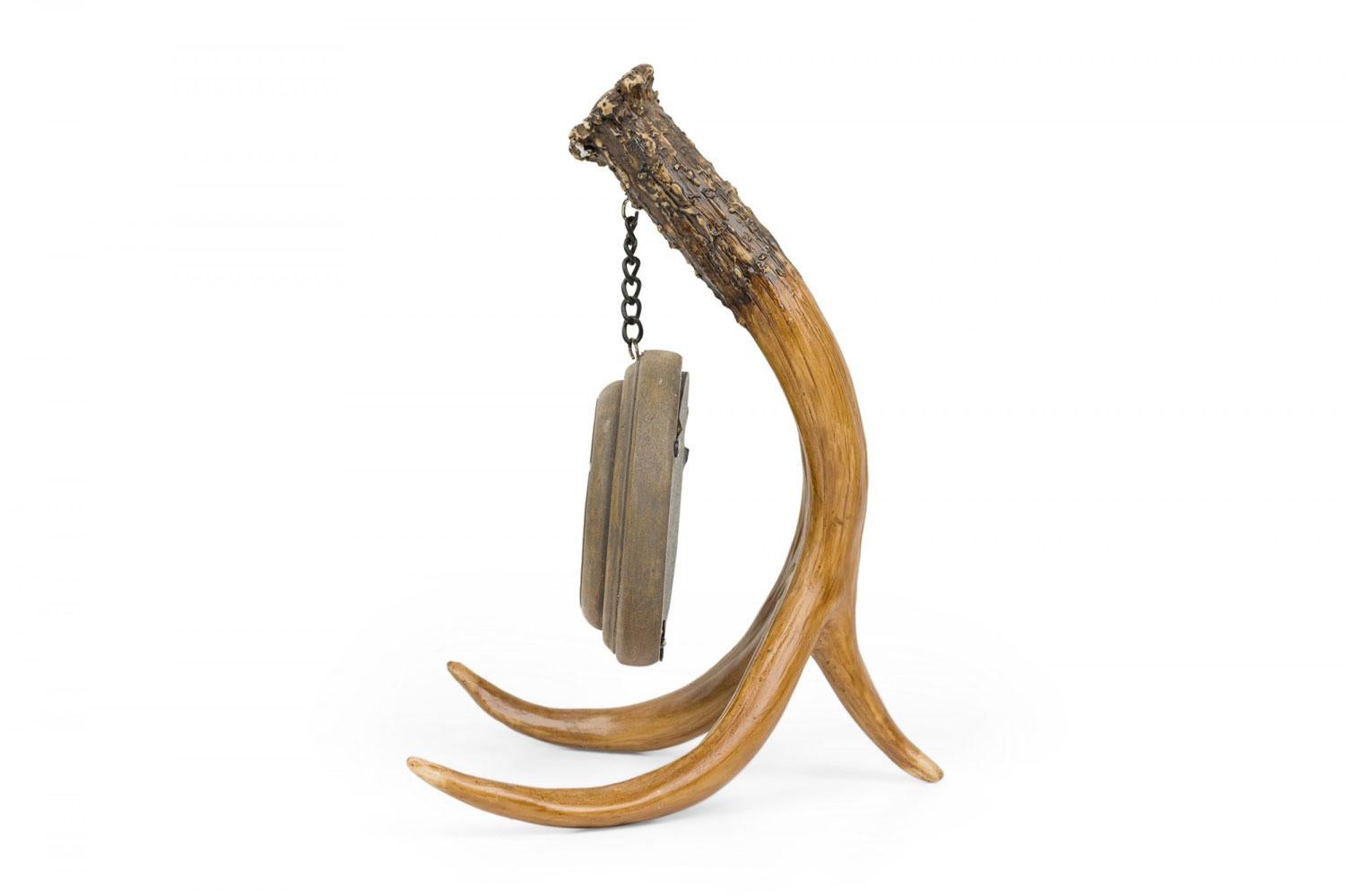 American Rustic Continental Style Faux Antler and Brass Table Clock For Sale