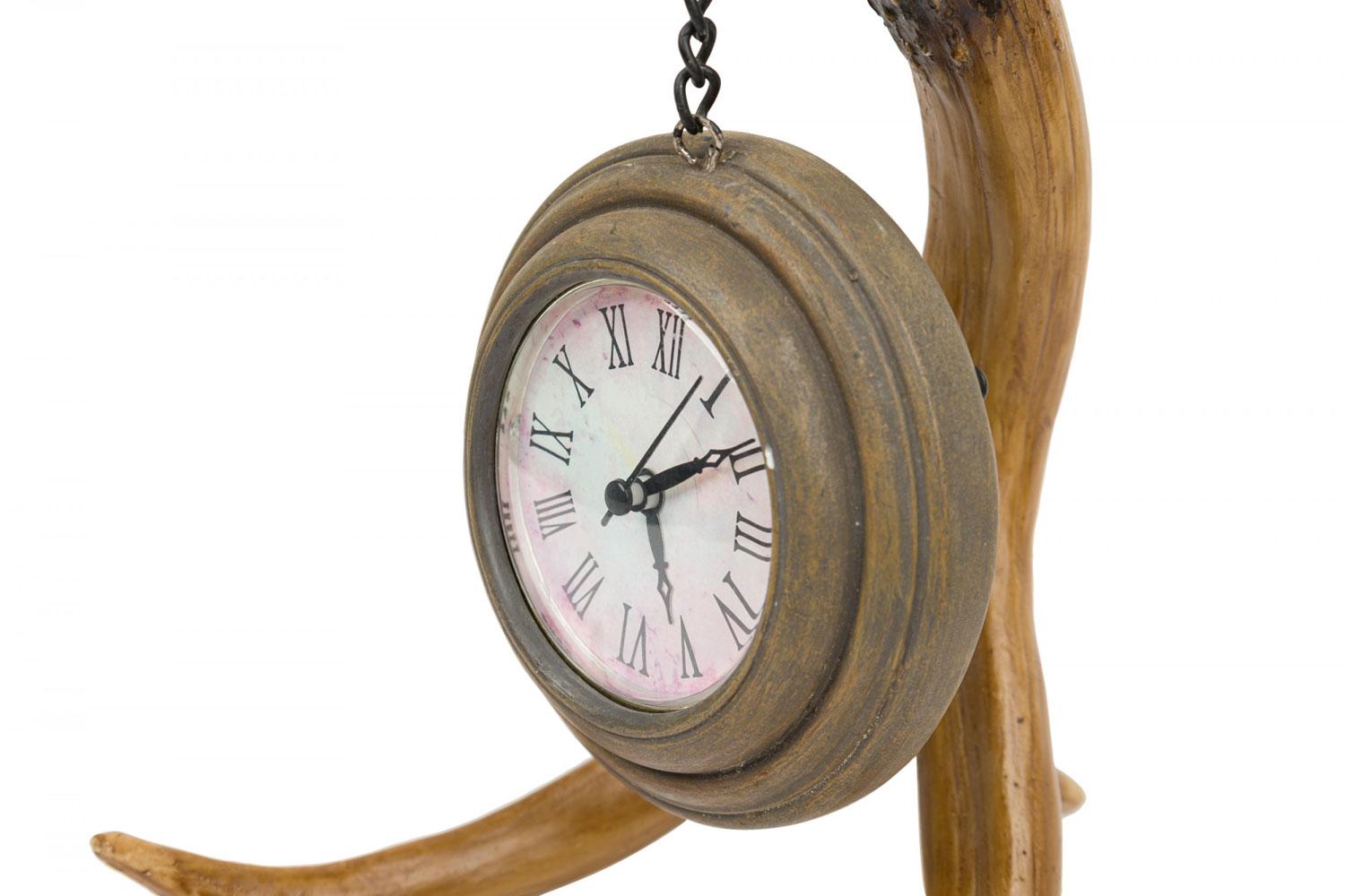 Rustic Continental Style Faux Antler and Brass Table Clock For Sale 3