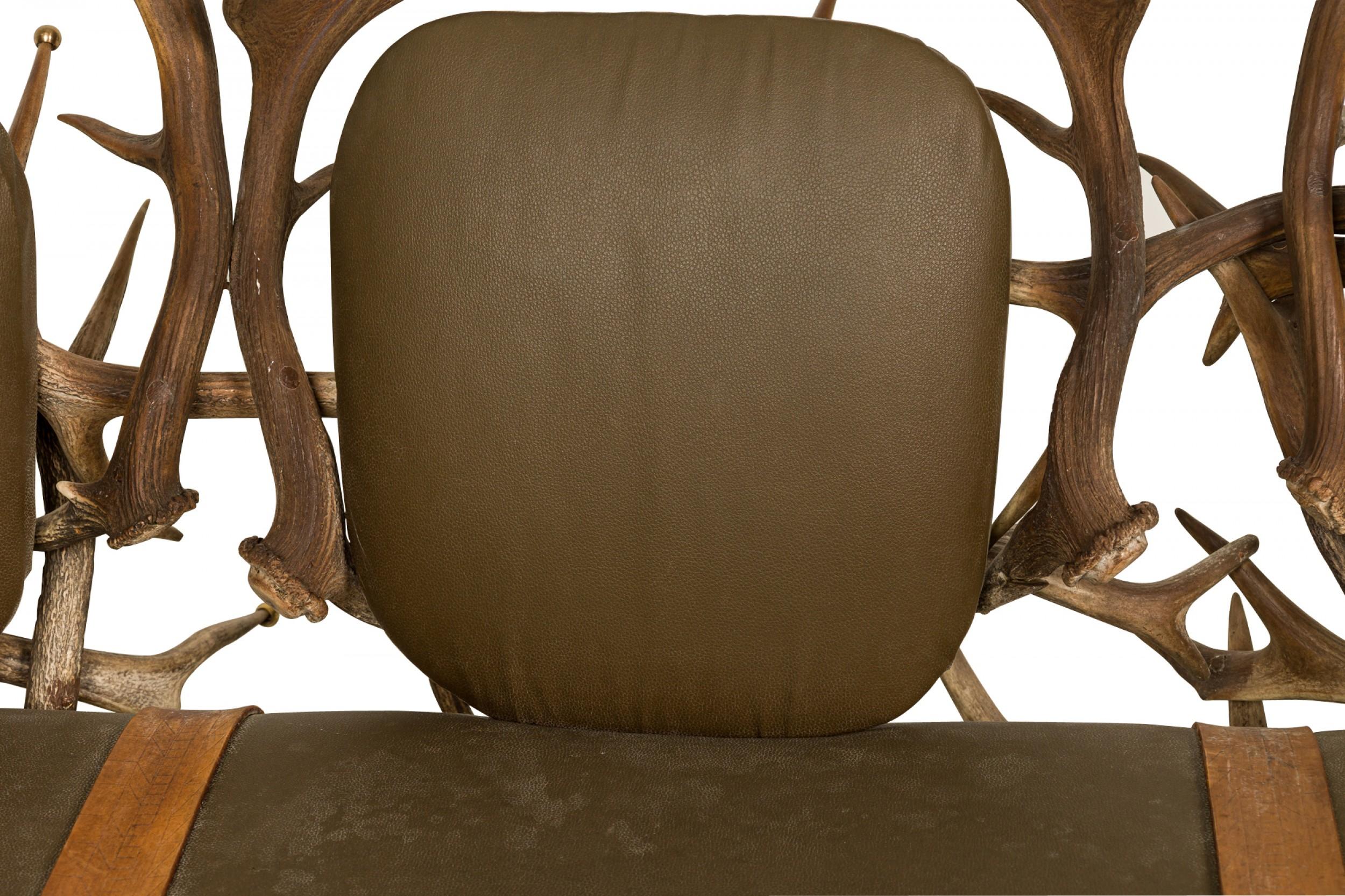 Rustic Continental Style Green Leather and Faux Antler Three-Seat Settee For Sale 6