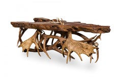 Rustic Continental Style Live Edge Wood and Faux Antler Coffee Table