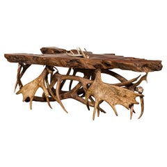 Rustic Continental Style Live Edge Wood and Faux Antler Coffee Table
