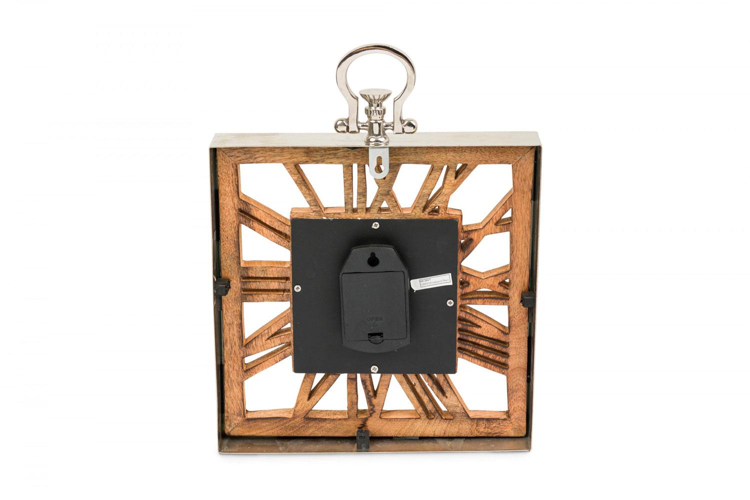 Carved Rustic Continental Style Wooden Square Wall or Table Clock with Glass Inset For Sale