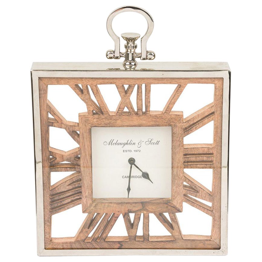 Rustic Continental Style Wooden Square Wall or Table Clock with Glass Inset For Sale
