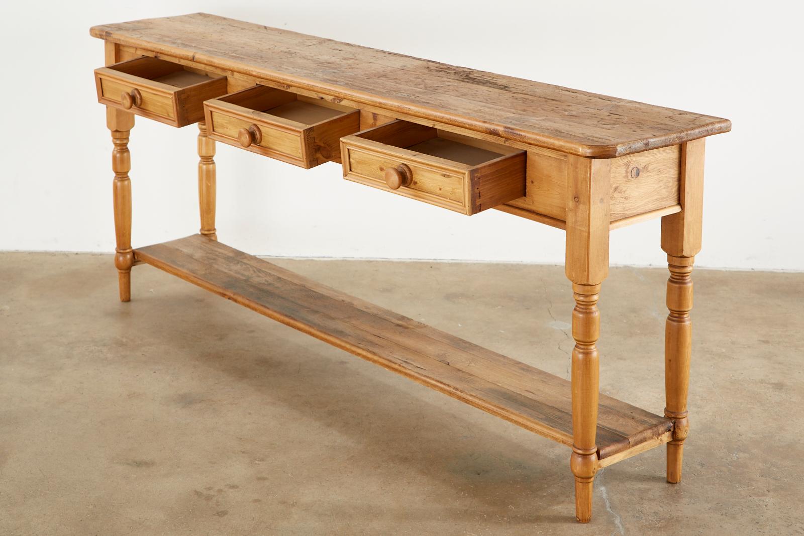 Hand-Crafted Rustic Country American Pine Three-Drawer Console Table