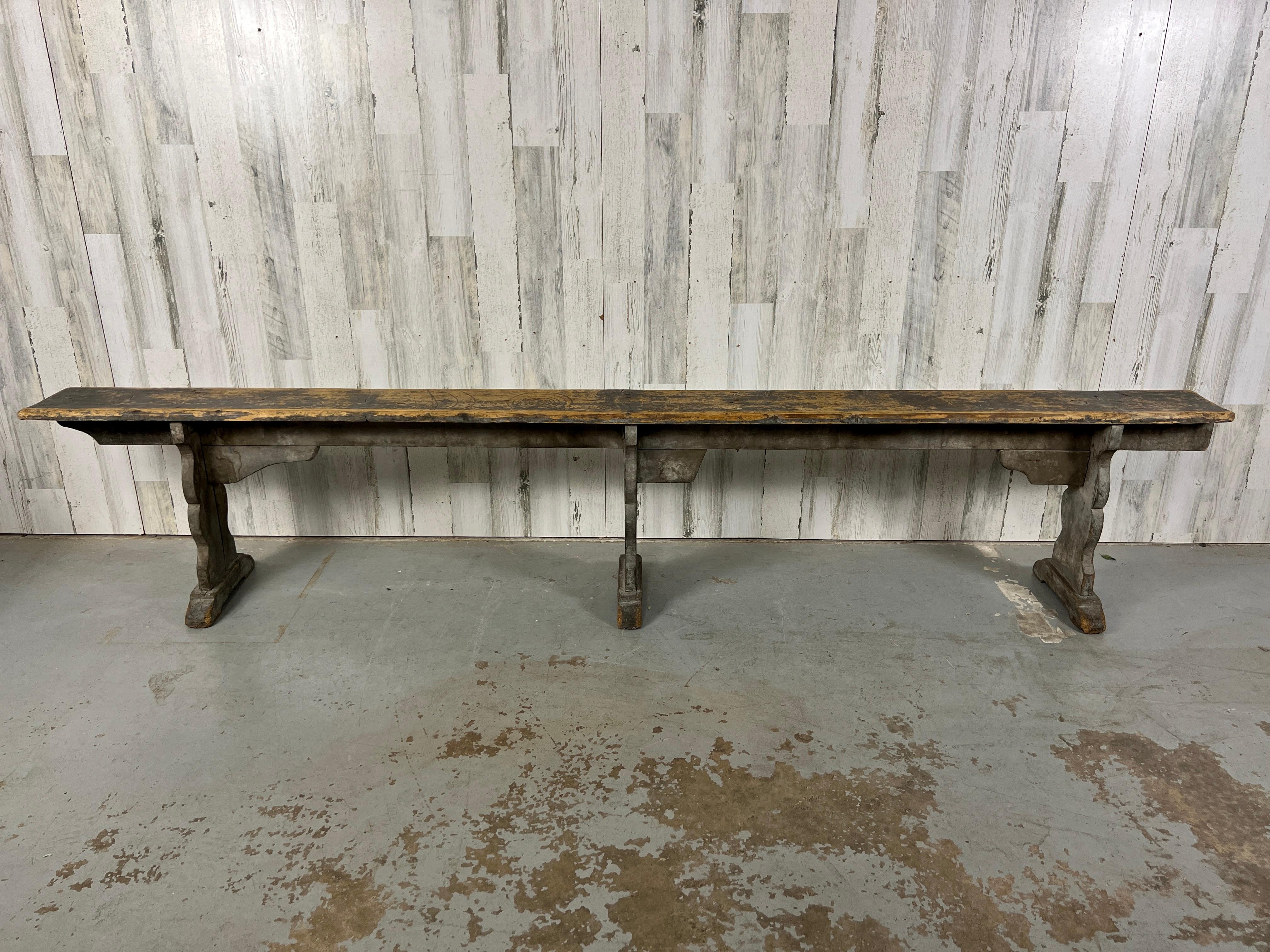 European Rustic Country Bench with Faded Gray Paint  For Sale