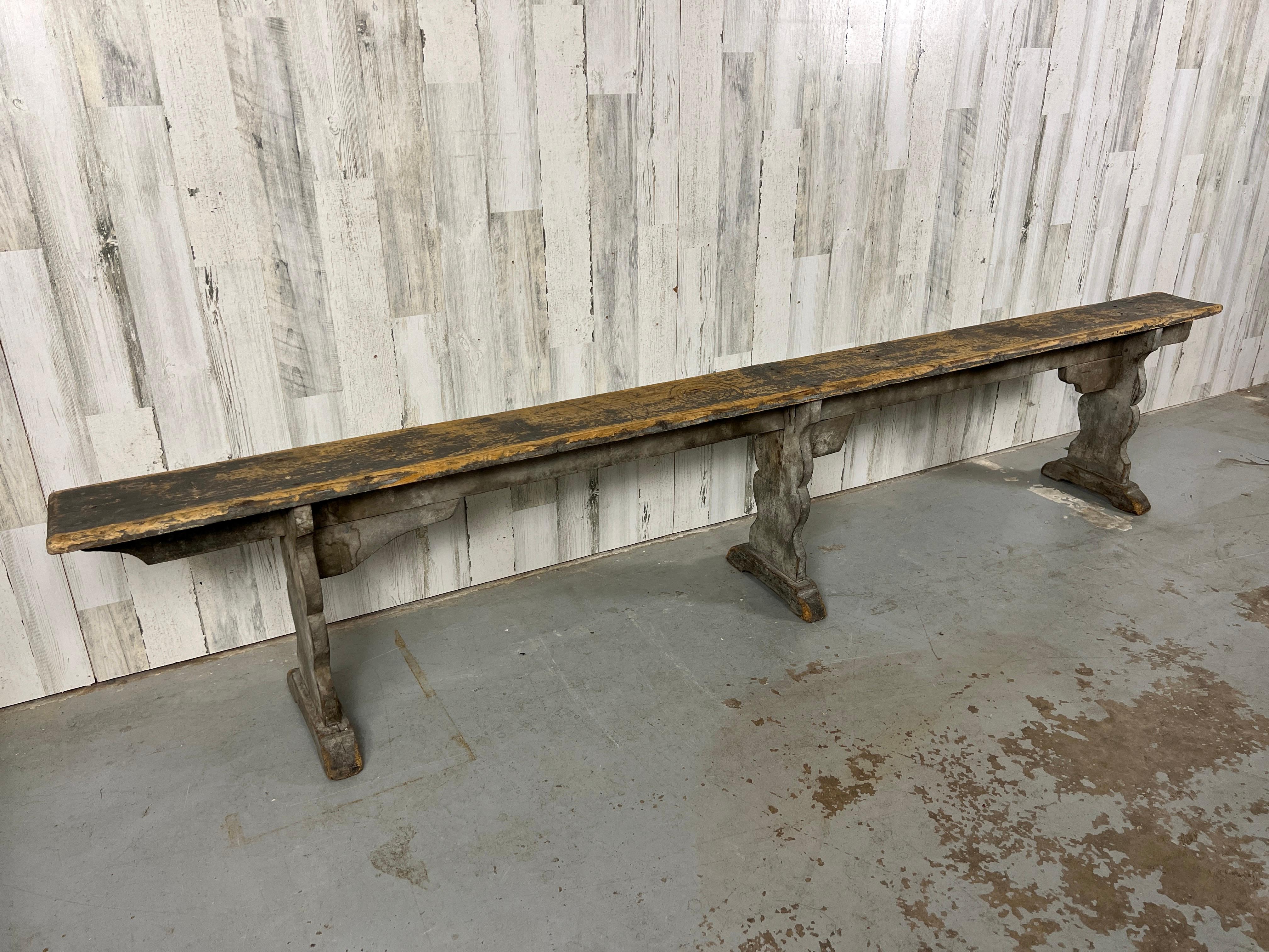 19th Century Rustic Country Bench with Faded Gray Paint  For Sale