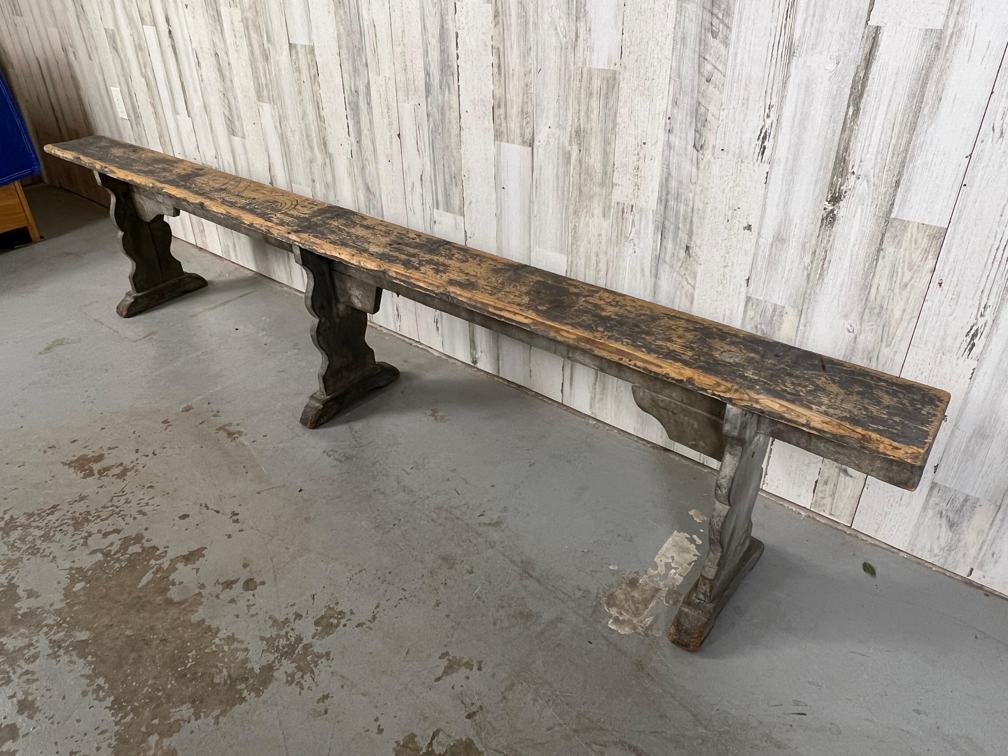 Wood Rustic Country Bench with Faded Gray Paint  For Sale