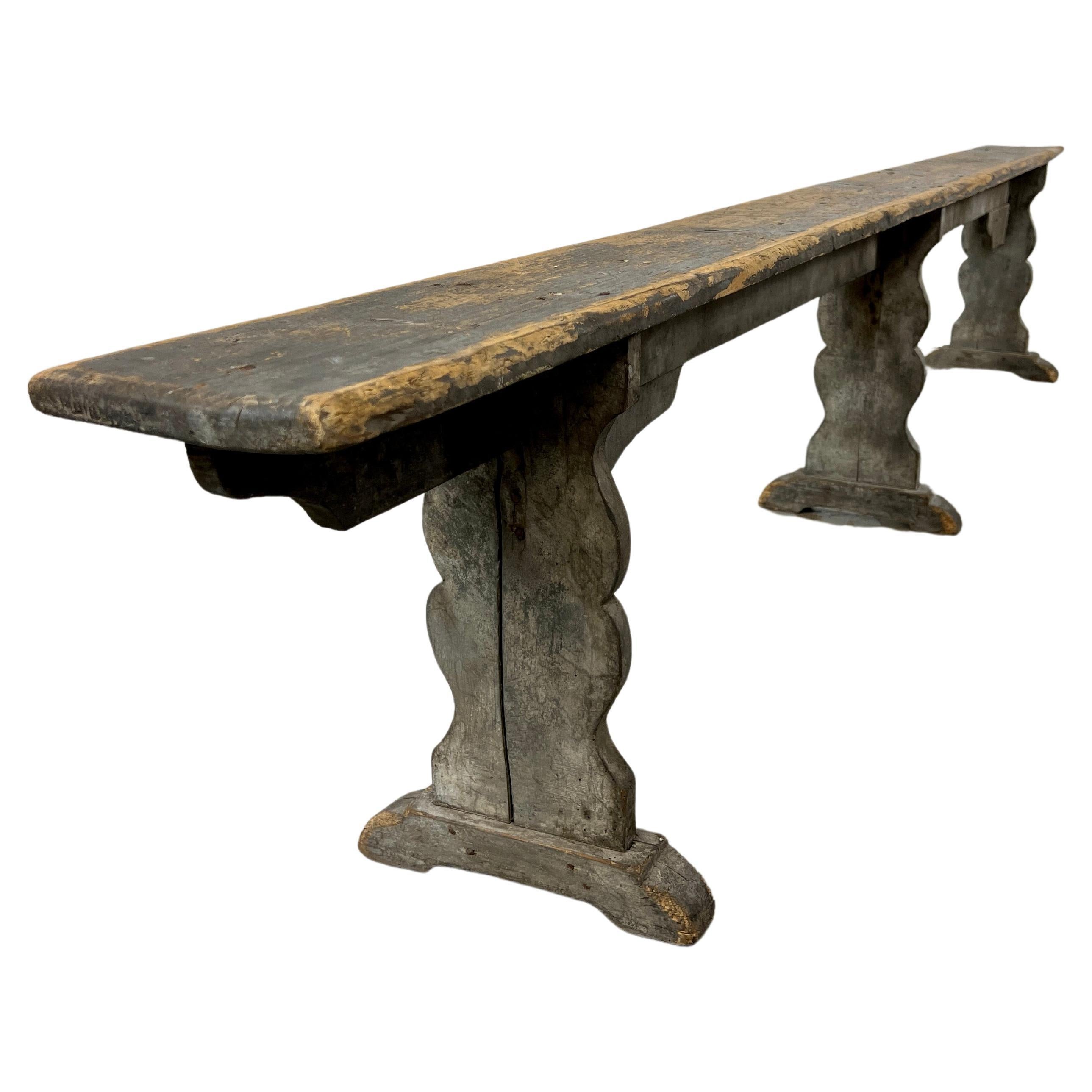 Rustic Country Bench with Faded Gray Paint  For Sale