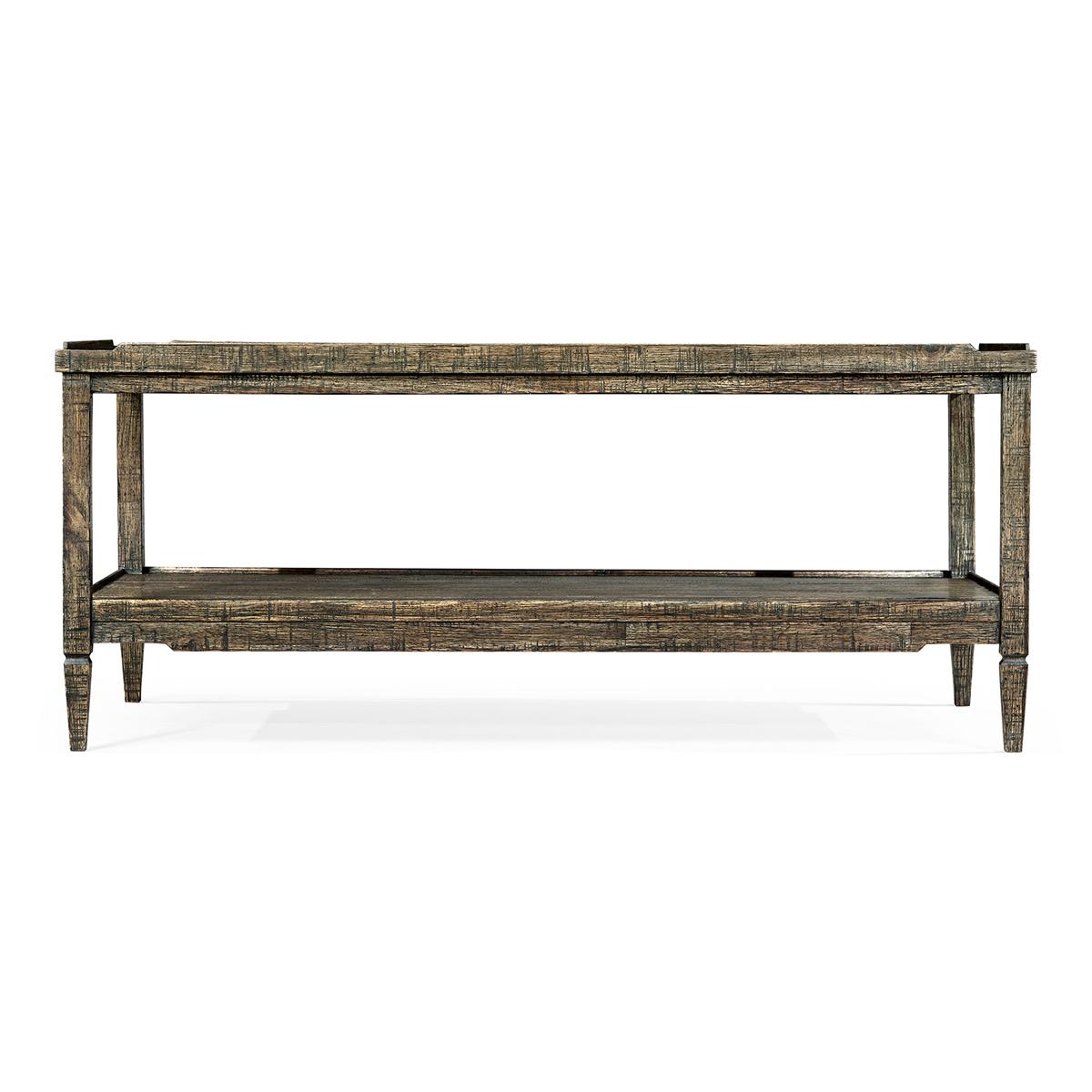 French rustic country coffee table in a distressed dark driftwood finish with a wooden gallery, square tapered legs and a lower tier shelf.

Dimensions: 48