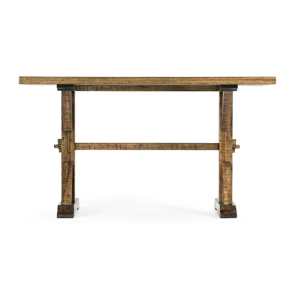 Rustic country dining table with a solid distressed top, the medium driftwood rustic finish shows exposed saw marks and the trestle end base with mortice and tenon joints to the stretcher and supports.

Dimensions: 54