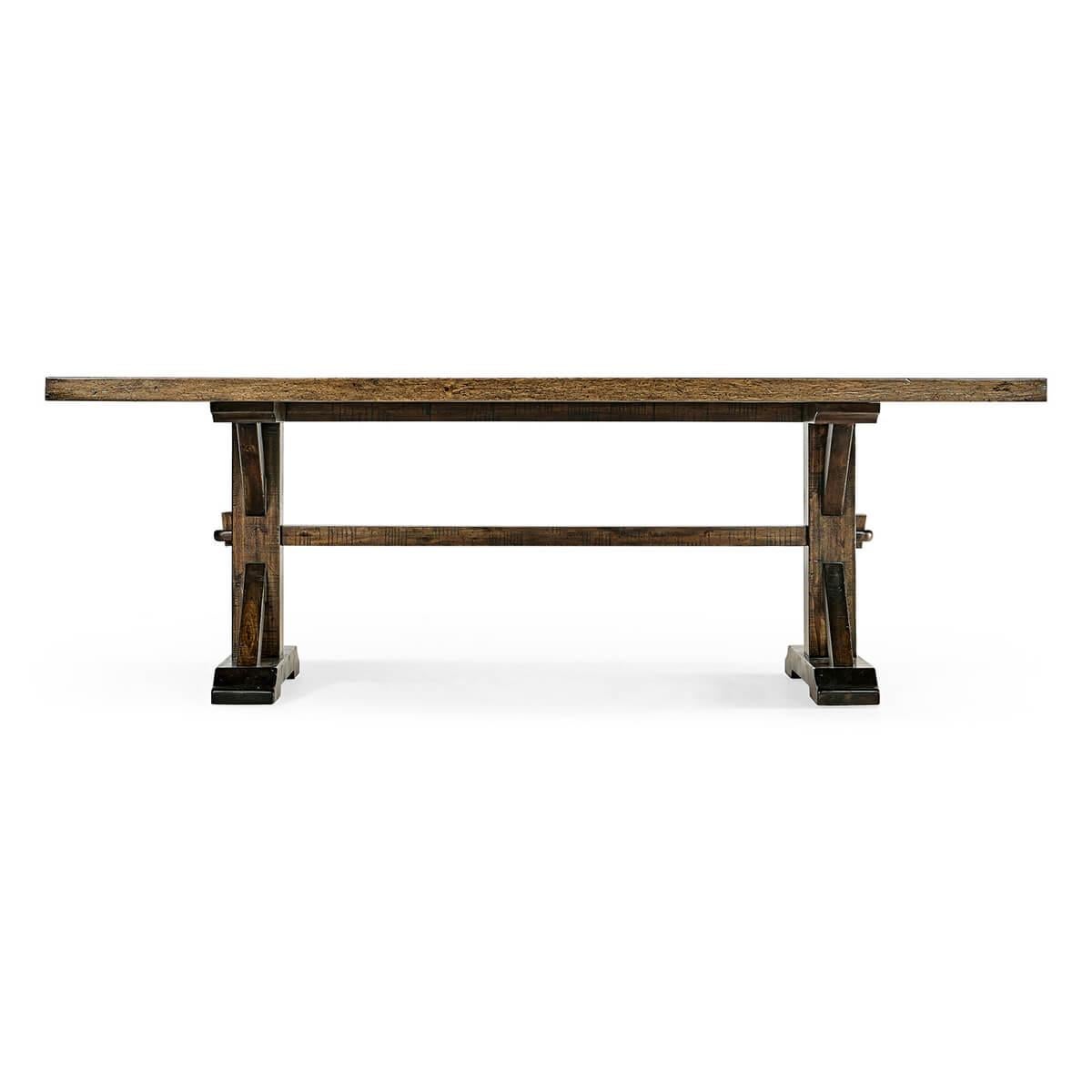 Rustic Country dining table with a solid distressed top, the medium driftwood rustic finish shows exposed saw marks and the trestle end base with mortice and tenon joints to the stretcher and supports.

Dimensions: 90