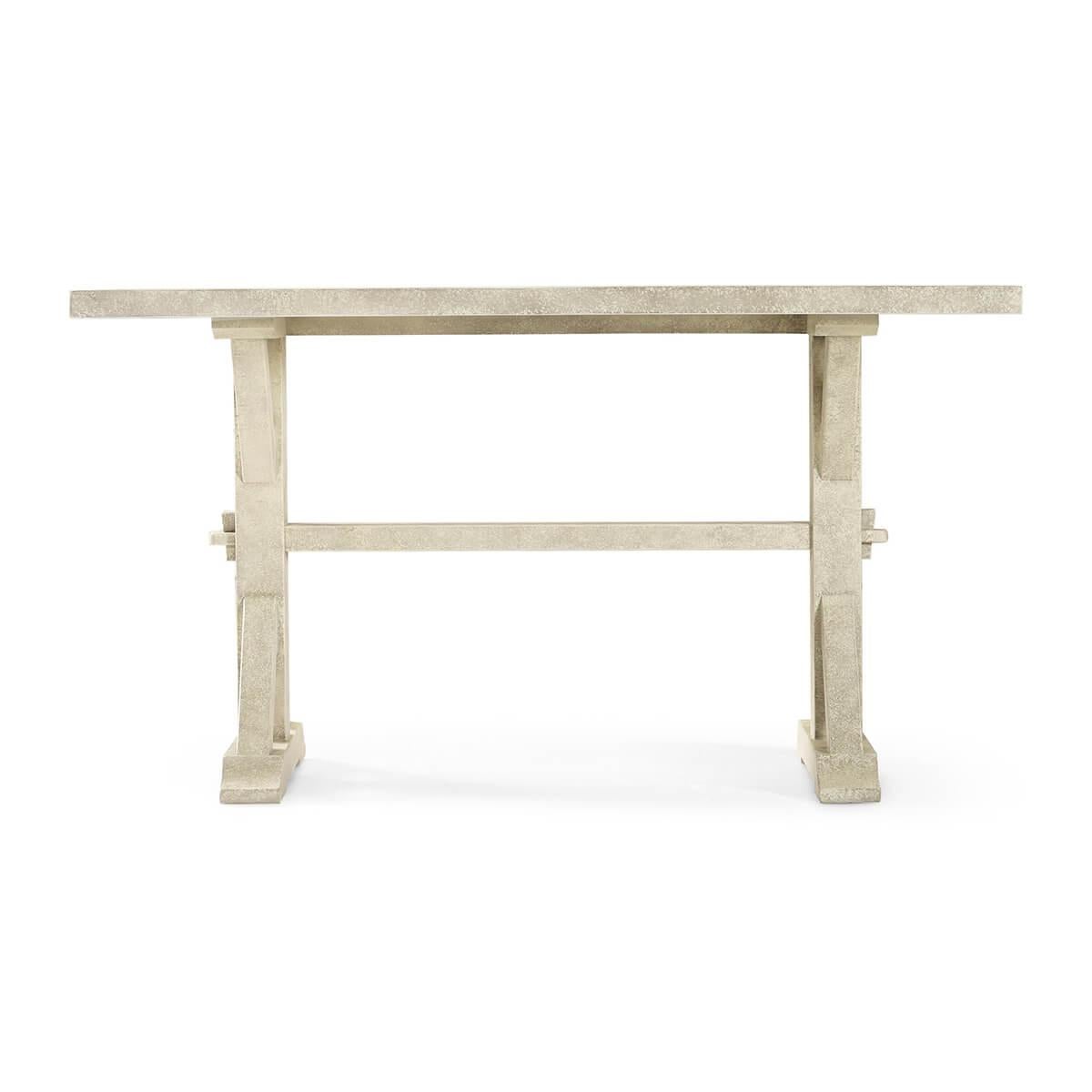 Rustic country dining table with a solid distressed top, the whitewash finish shows exposed saw marks and the trestle end base with mortice and tenon joints to the stretcher and supports.

Dimensions: 54