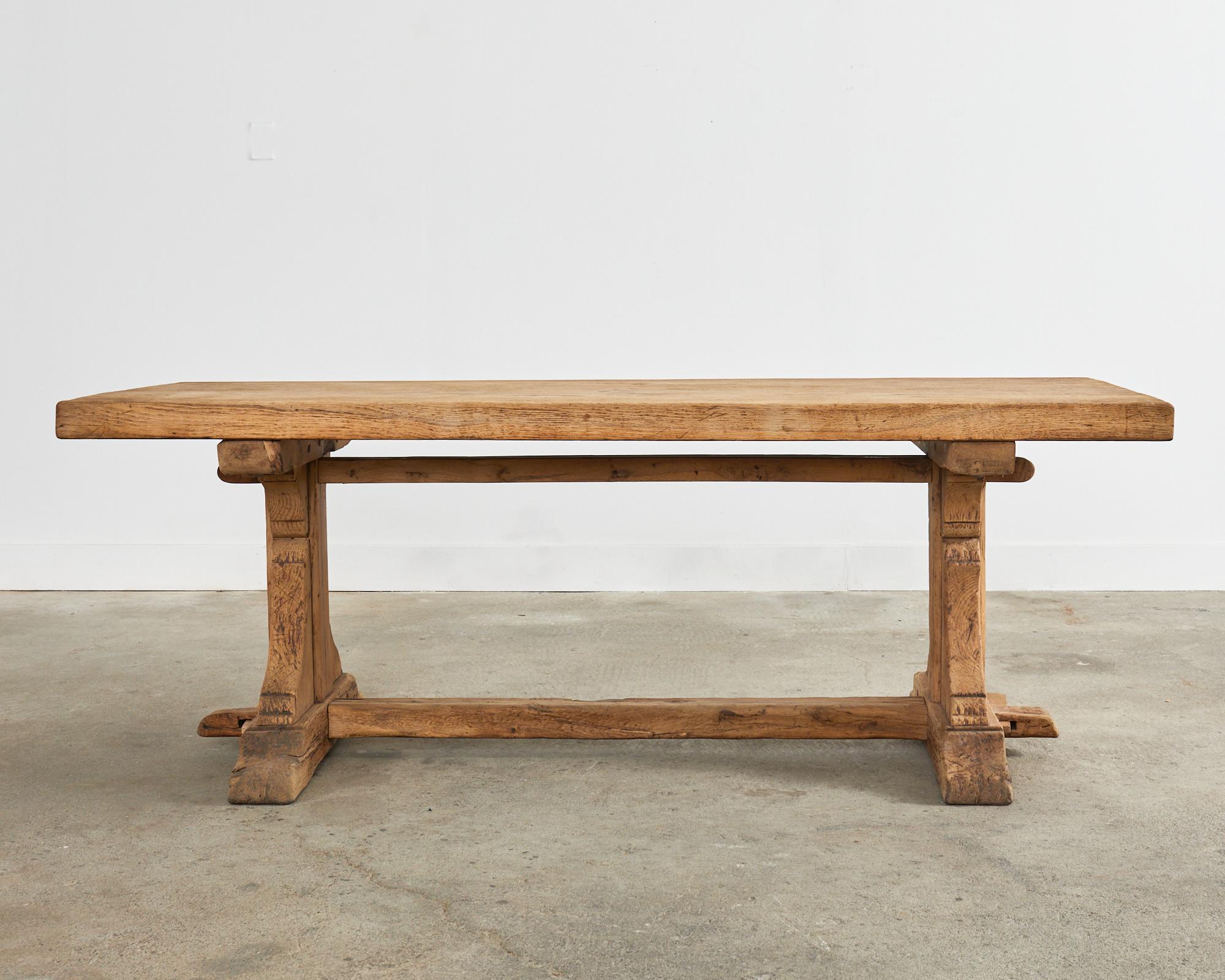 Rustic Country French Farmhouse Bleached Oak Trestle Dining Table In Good Condition In Rio Vista, CA