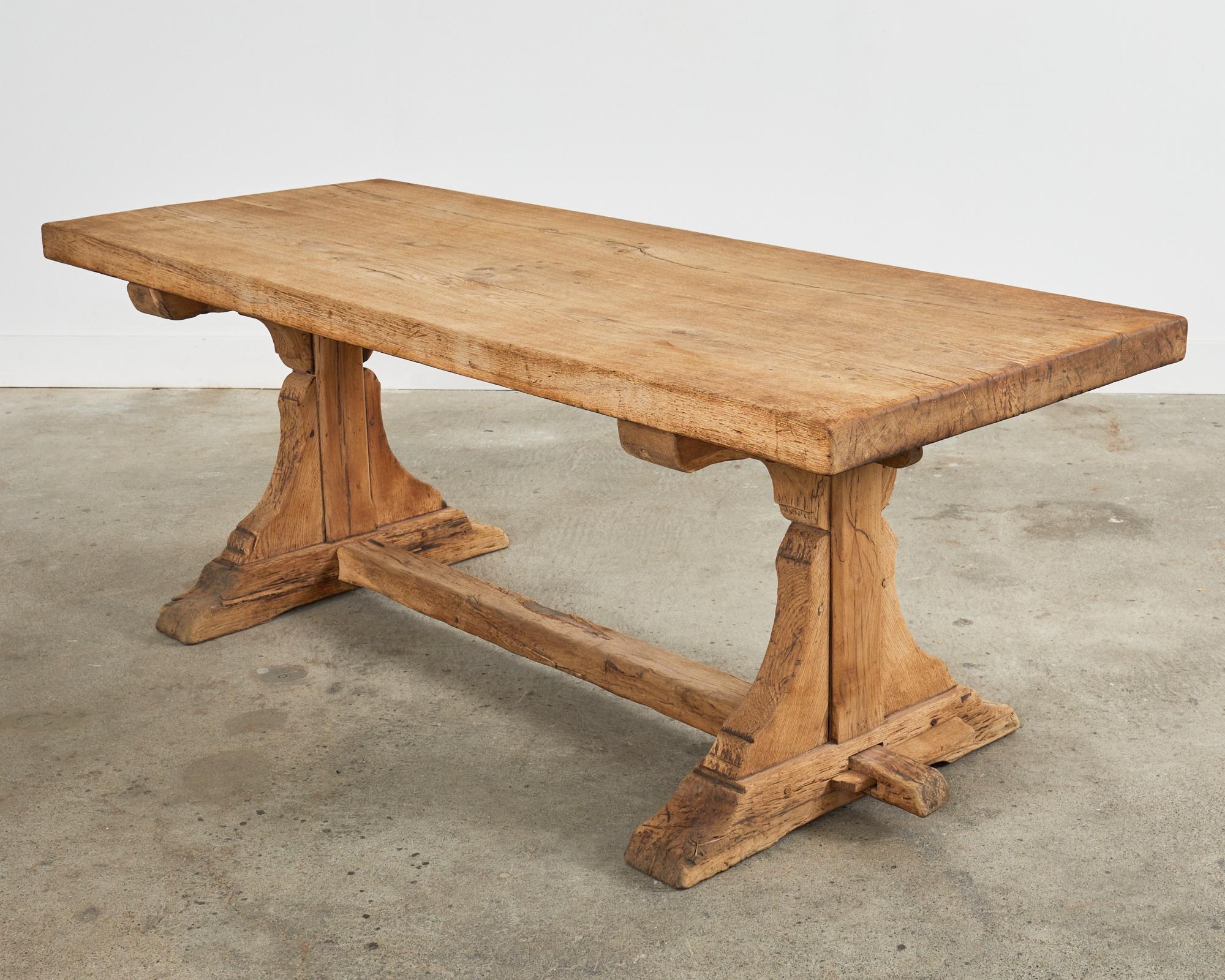 20th Century Rustic Country French Farmhouse Bleached Oak Trestle Dining Table