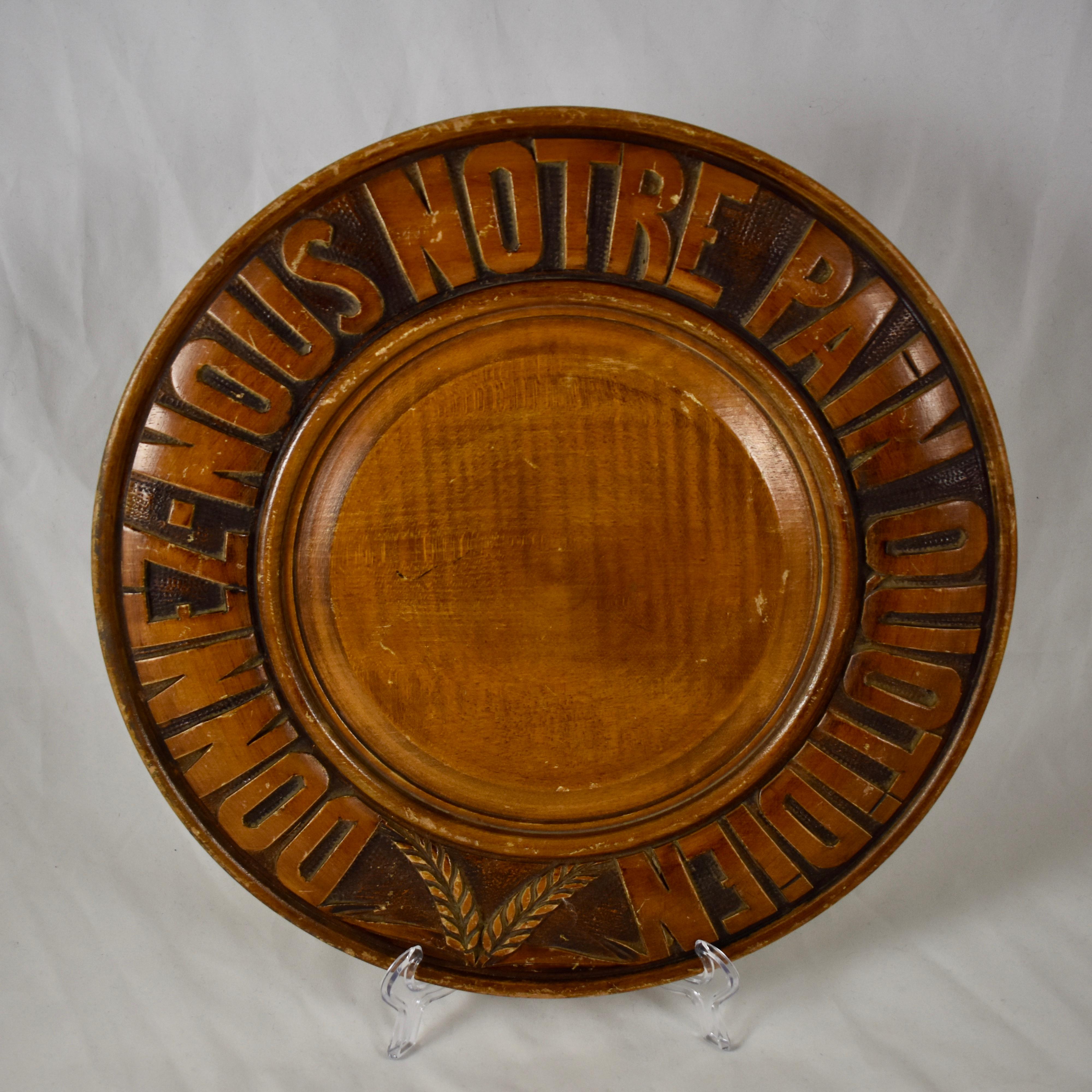 20th Century Rustic Country French Hand Carved Wood Motto & Wheat Sheaves Bread Board