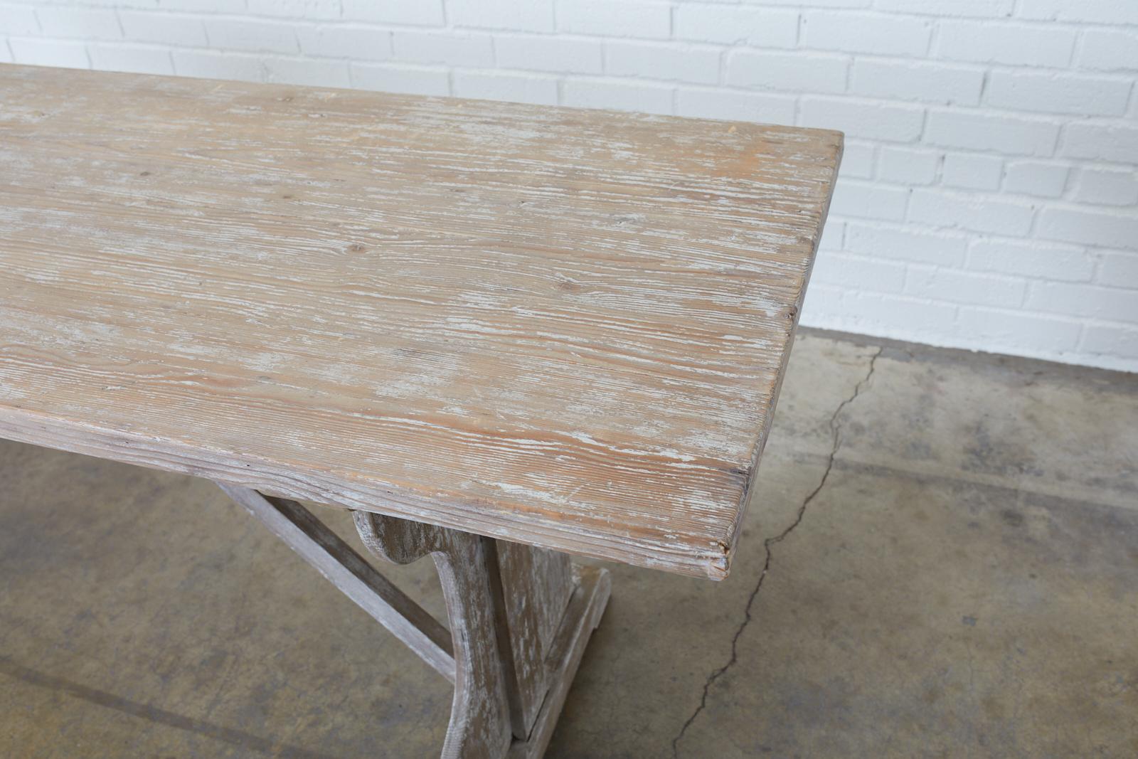 Rustic Country French Painted Pine Farmhouse Trestle Table In Good Condition In Rio Vista, CA