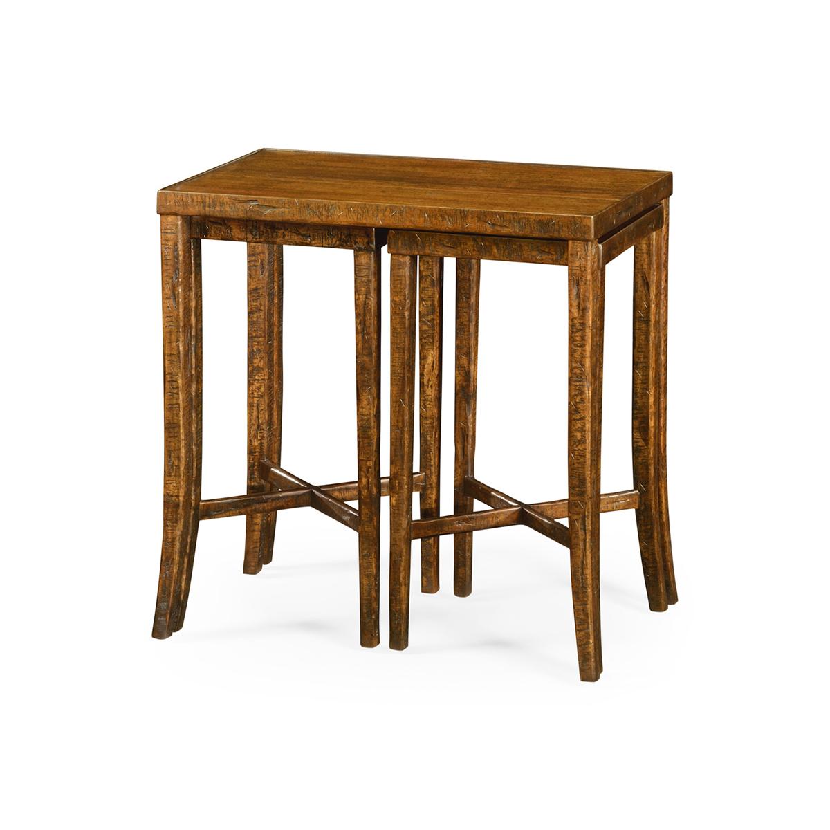 Rustic country nesting tables, these walnut finish nesting cocktail tables feature two smaller tables that fit under the main cocktail table.

Dimensions: 28