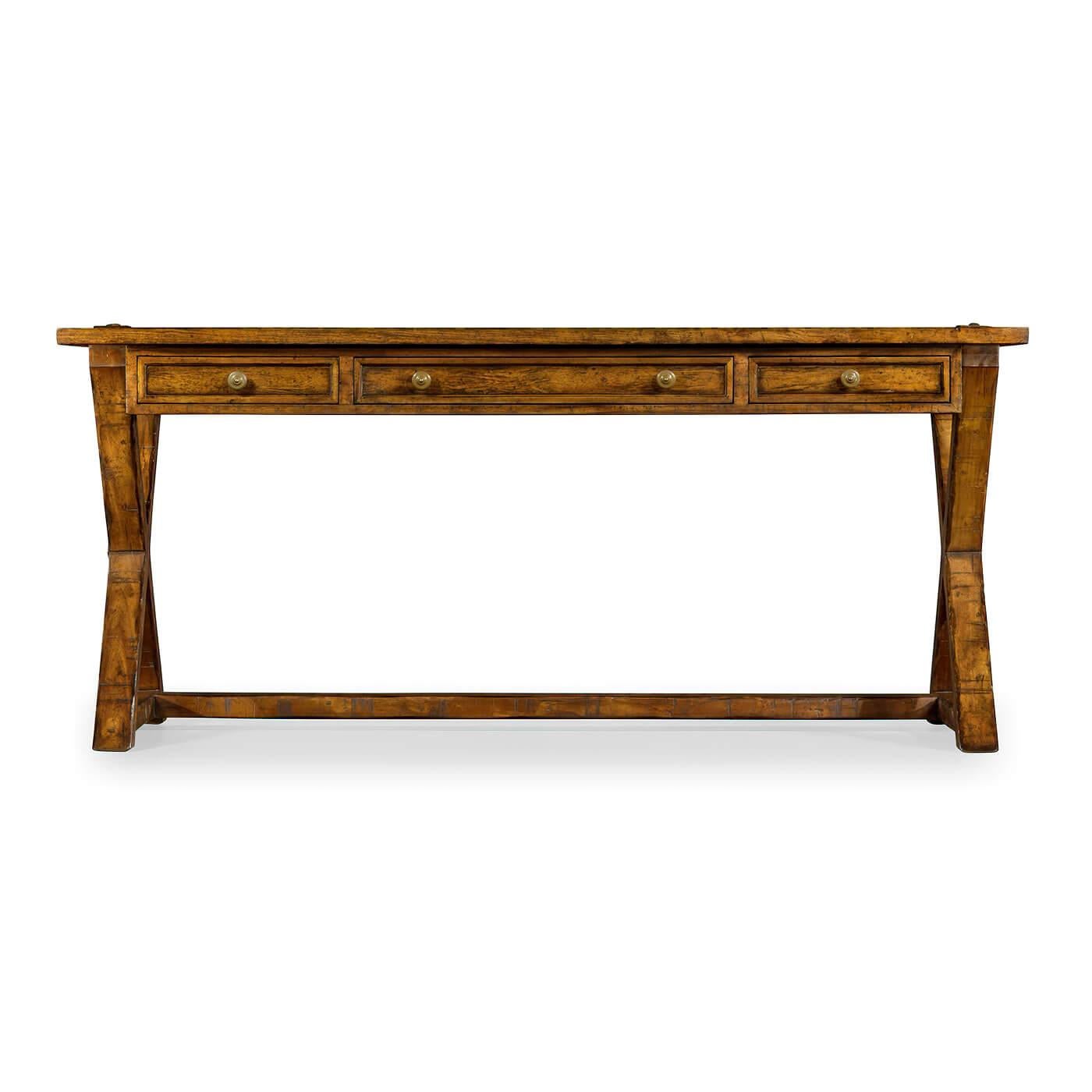 A rustic country-style solid walnut rectangular desk with a rustic finish revealing exposed saw marks. Three small oak-lined drawers to front with mortice and tenon joints to X-frame support and top surface.

Dimensions: 68
