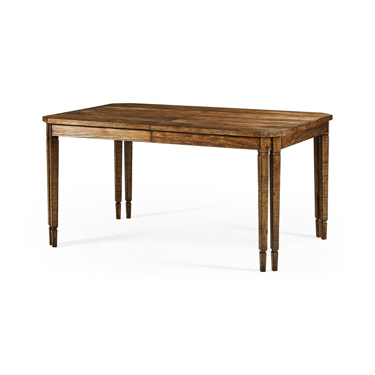 Rustic country walnut extension dining table, the rectangular extending dining table has a rough saw mark casual finish, cut corners and is raised on double square tapered legs. 

Dimensions:
Open - 80
