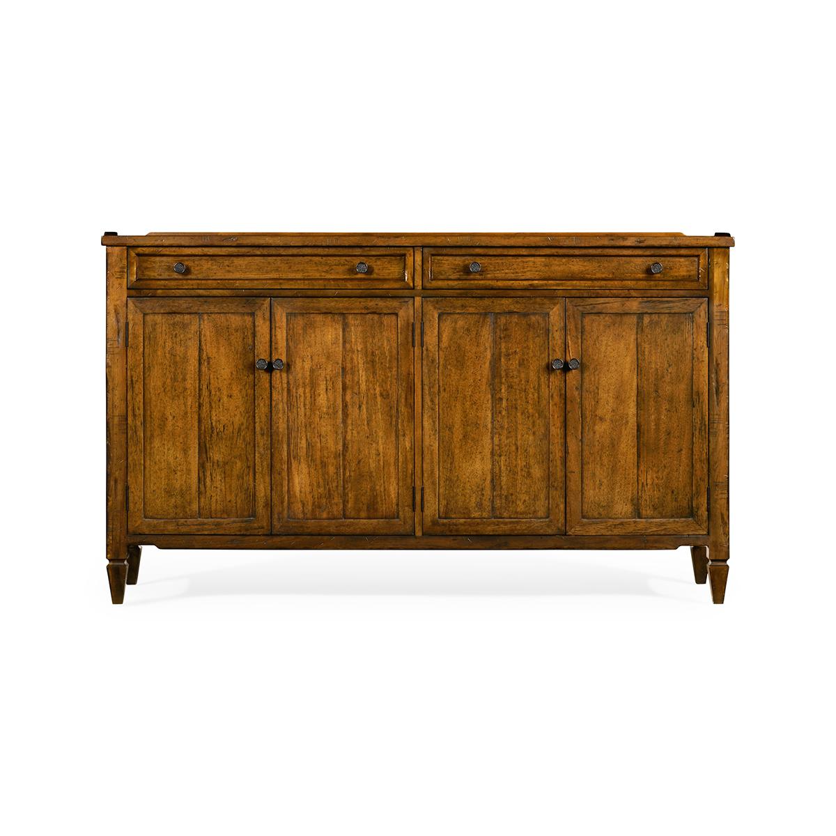 Rustic country walnut sideboard in a country-style finish, on a stepped pedestal base with four contemporary doors, two shallow drawers and an interior featuring two double cupboards with a single shelf.

Dimensions: 64