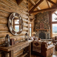 Specchio da parete rotondo con intarsi in pelle di mucca rustica