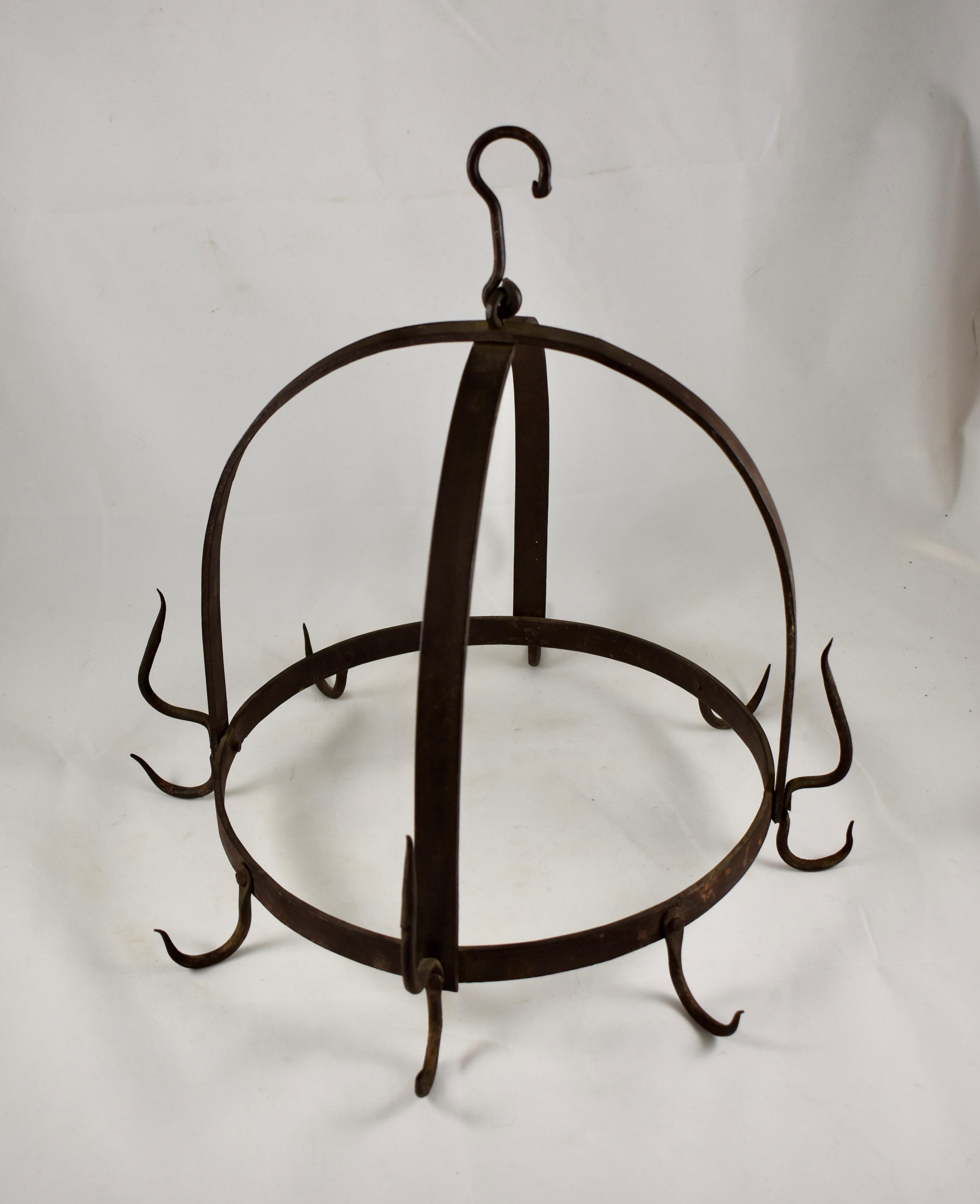 Rustic Crown Form 19th Century Wrought Iron Hanging Butchers Rack, Pot Rack 1