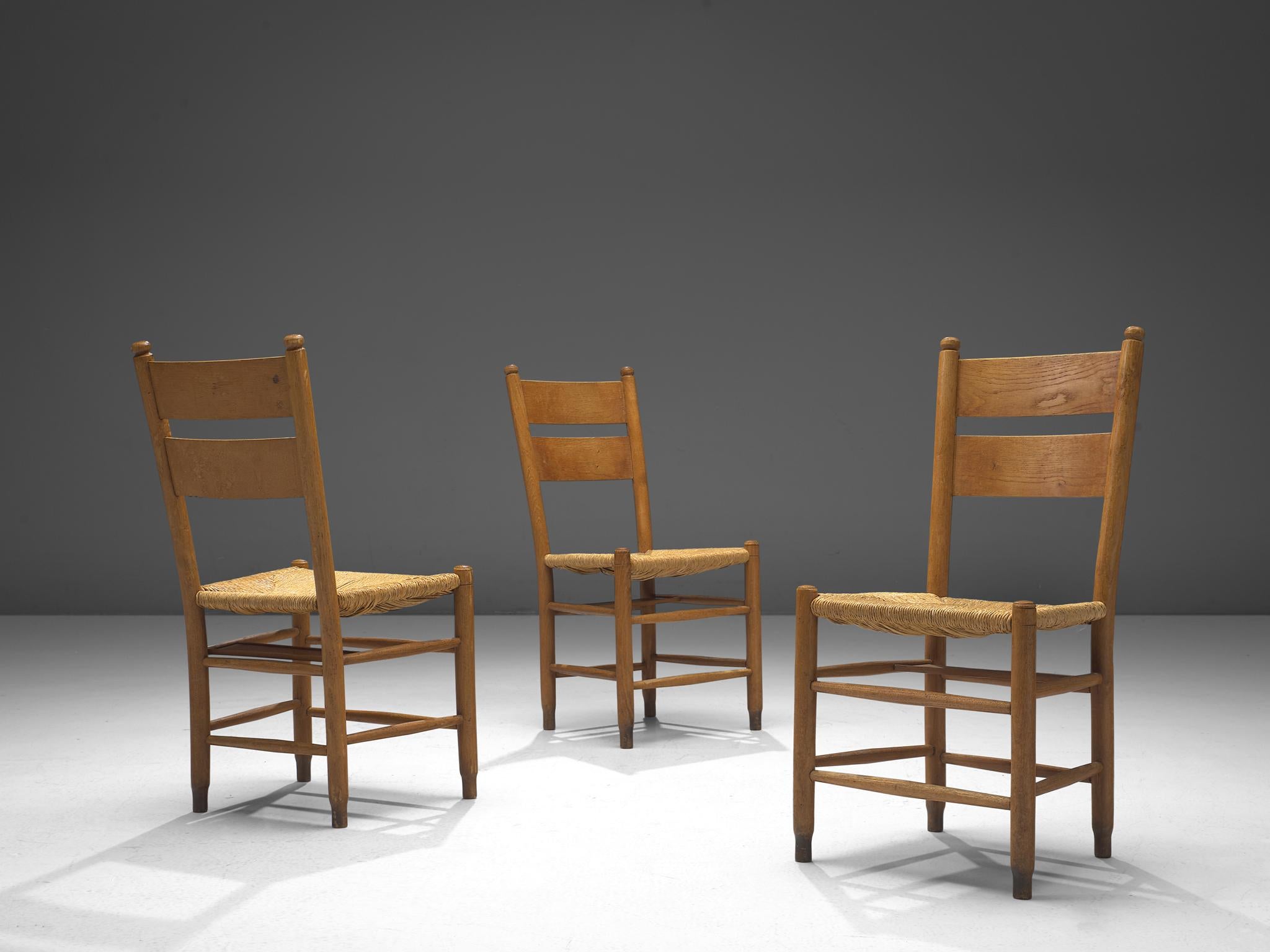 Scandinavian Modern Rustic Danish Chairs in Straw and Oak For Sale