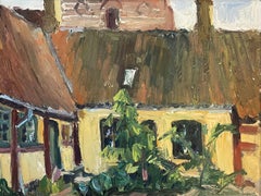 Rustic Danish mid century oil painting of traditional houses in village setting