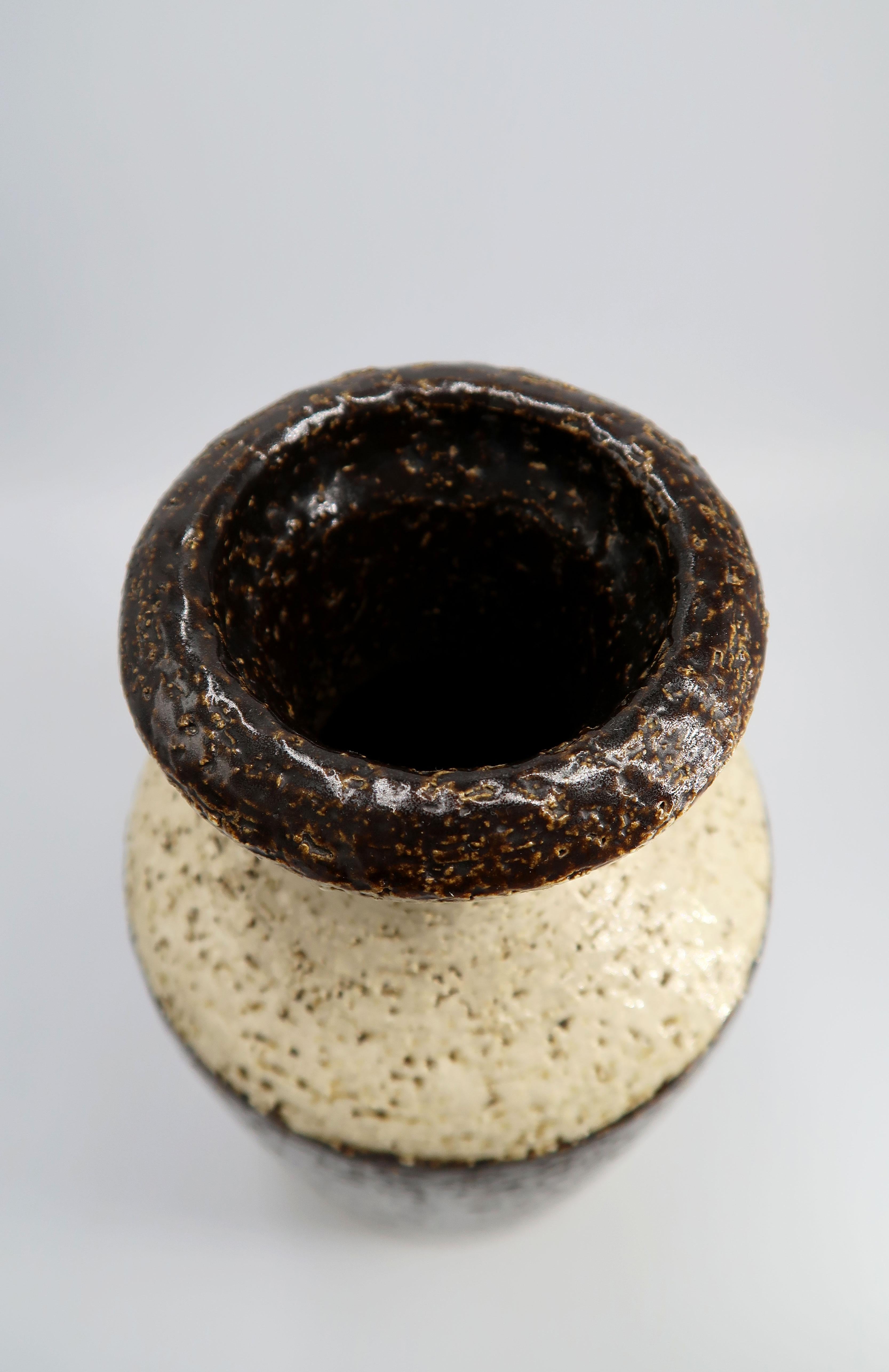 Glazed Rustic Danish Modern Handmade Ceramic Brown, Cream Vase by Søholm, 1960s