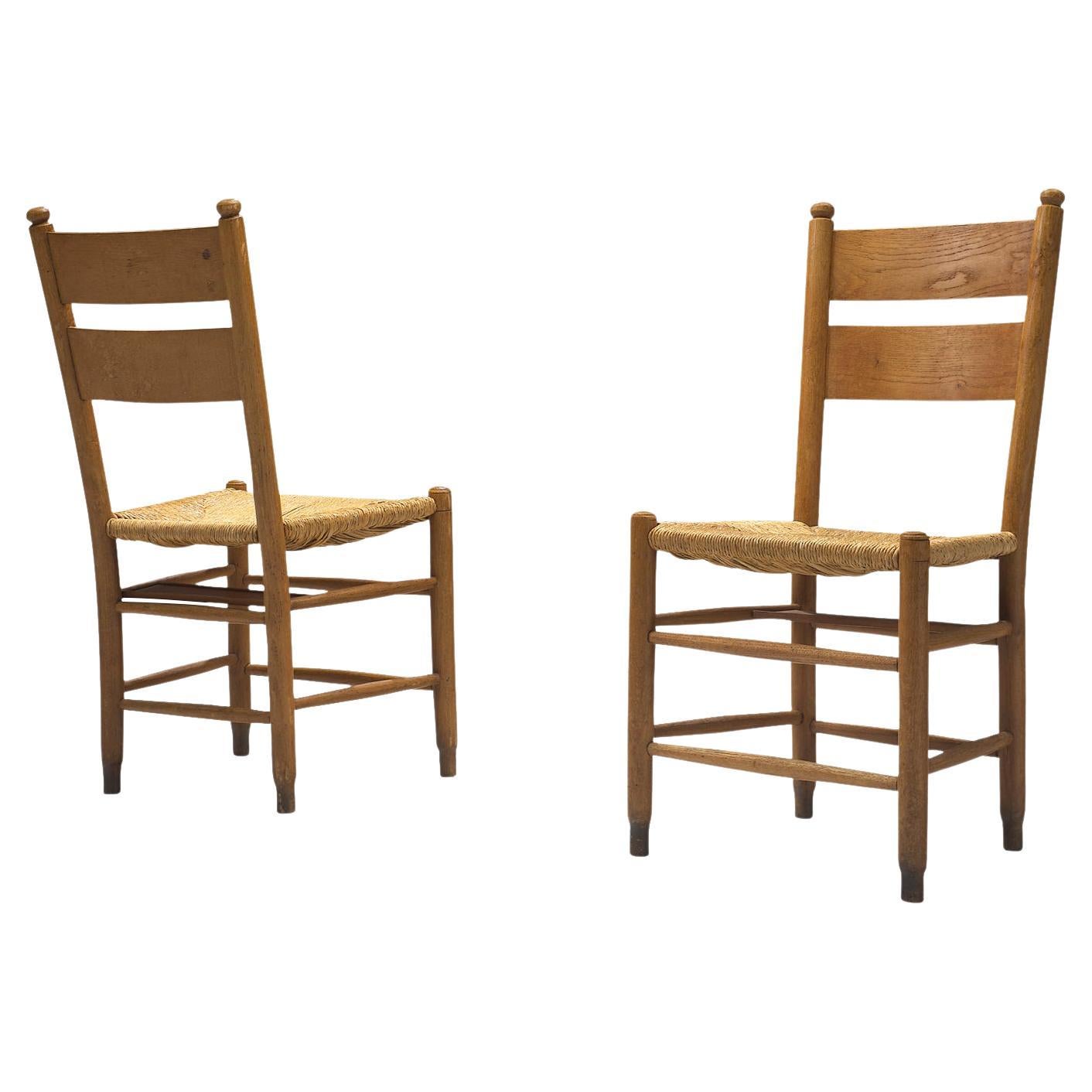 Rustic Danish Pair of Chairs in Straw and Oak For Sale