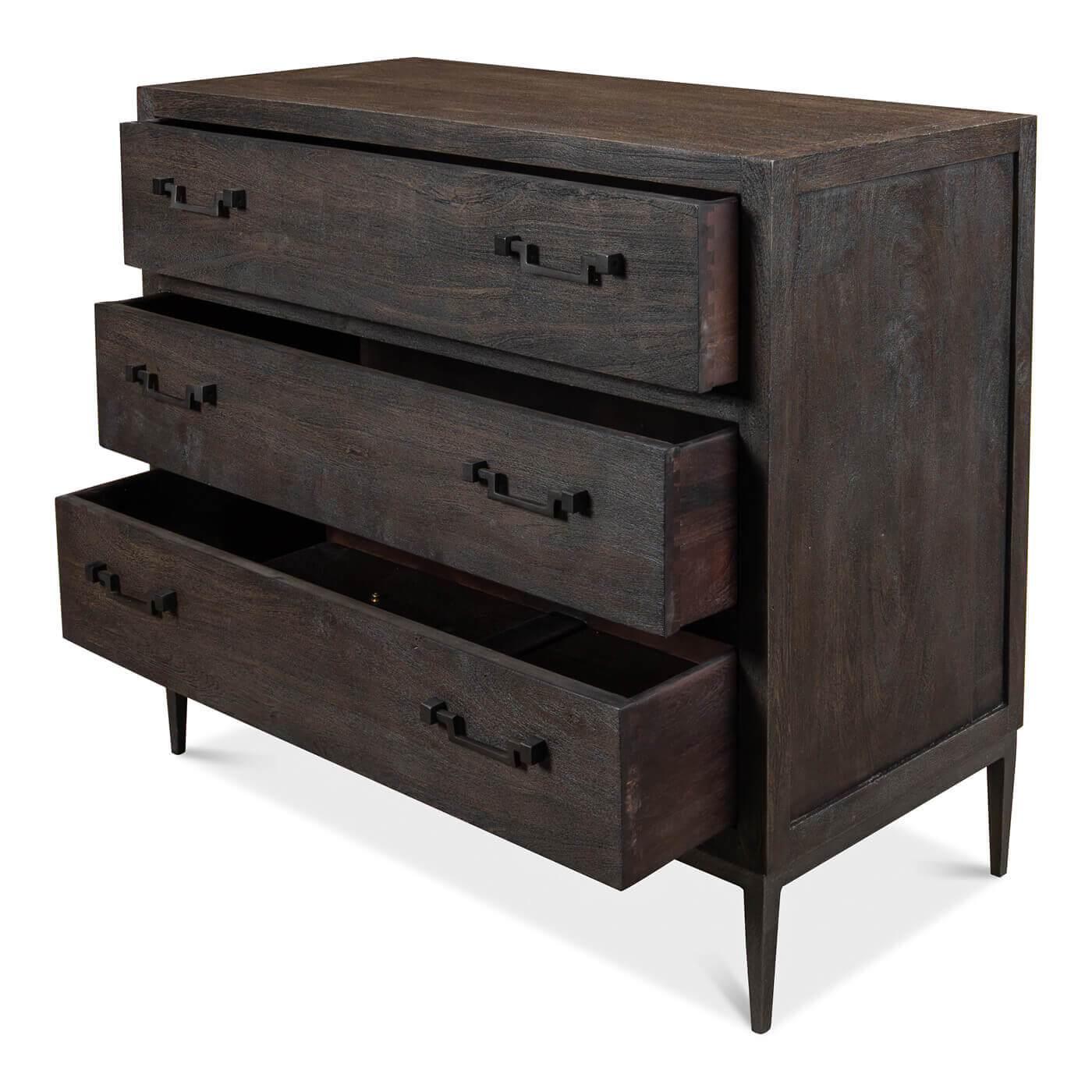 A modern rustic-style dark grey chest of drawers, three drawers in a dark stormy grey color accented with gunmetal iron hardware. 

Dimensions: 40