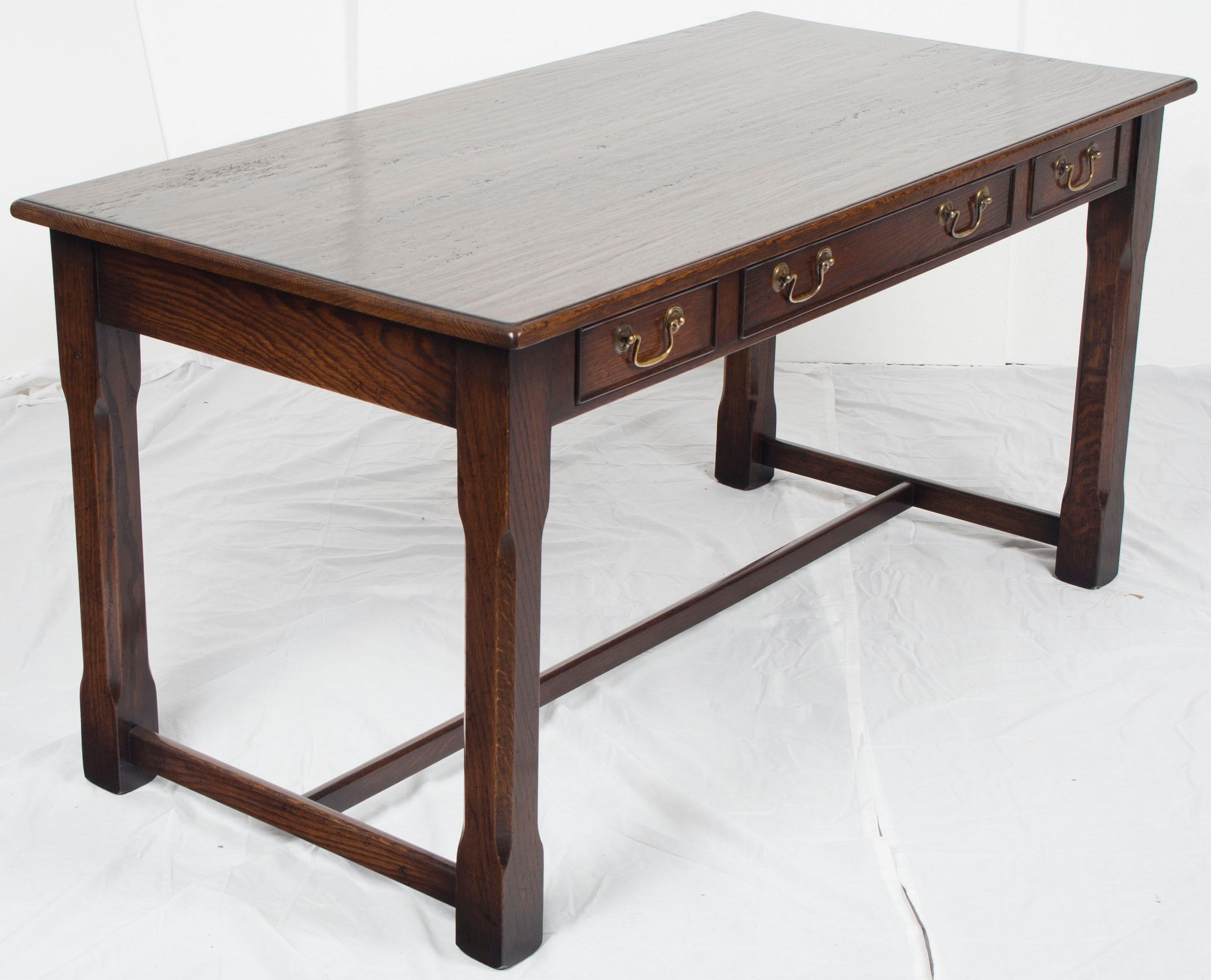 Contemporary Rustic Dark Oak Three-Drawer Writing Table Desk on Legs