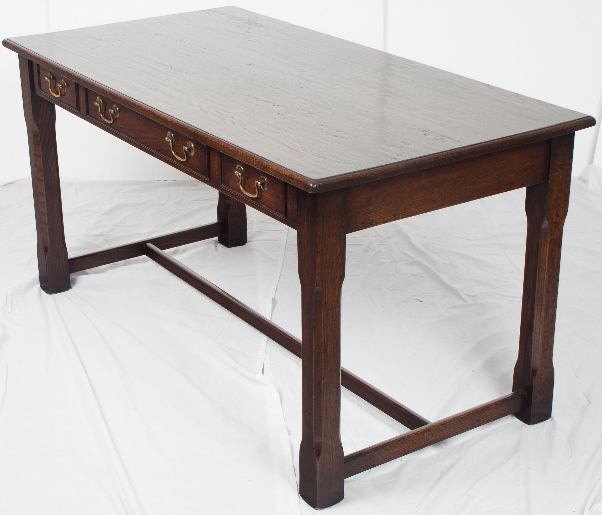Rustic Dark Oak Three-Drawer Writing Table Desk on Legs 1