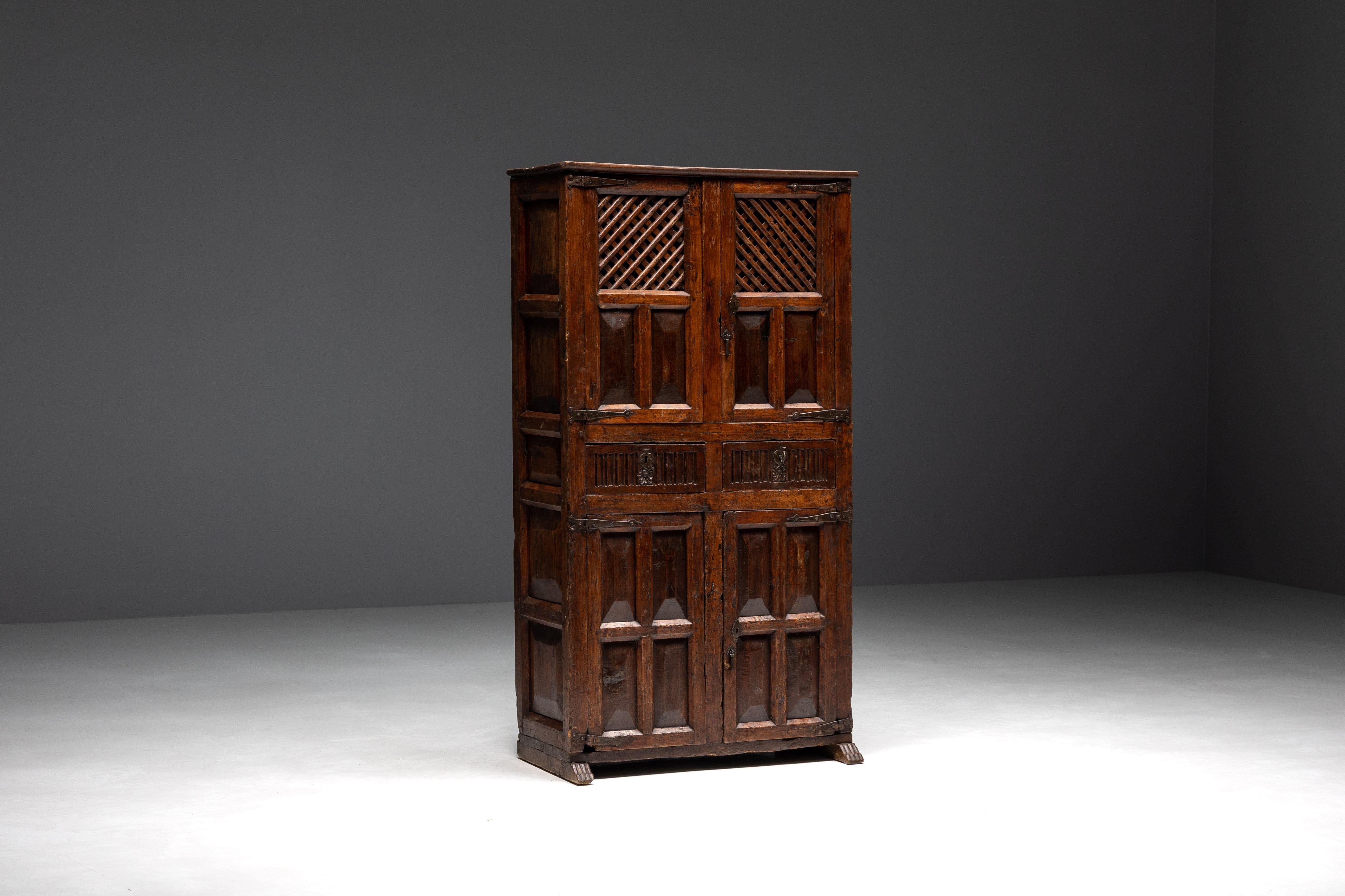 Spanish Rustic Dark Wood Pantry Cabinet, Spain, 1800s For Sale