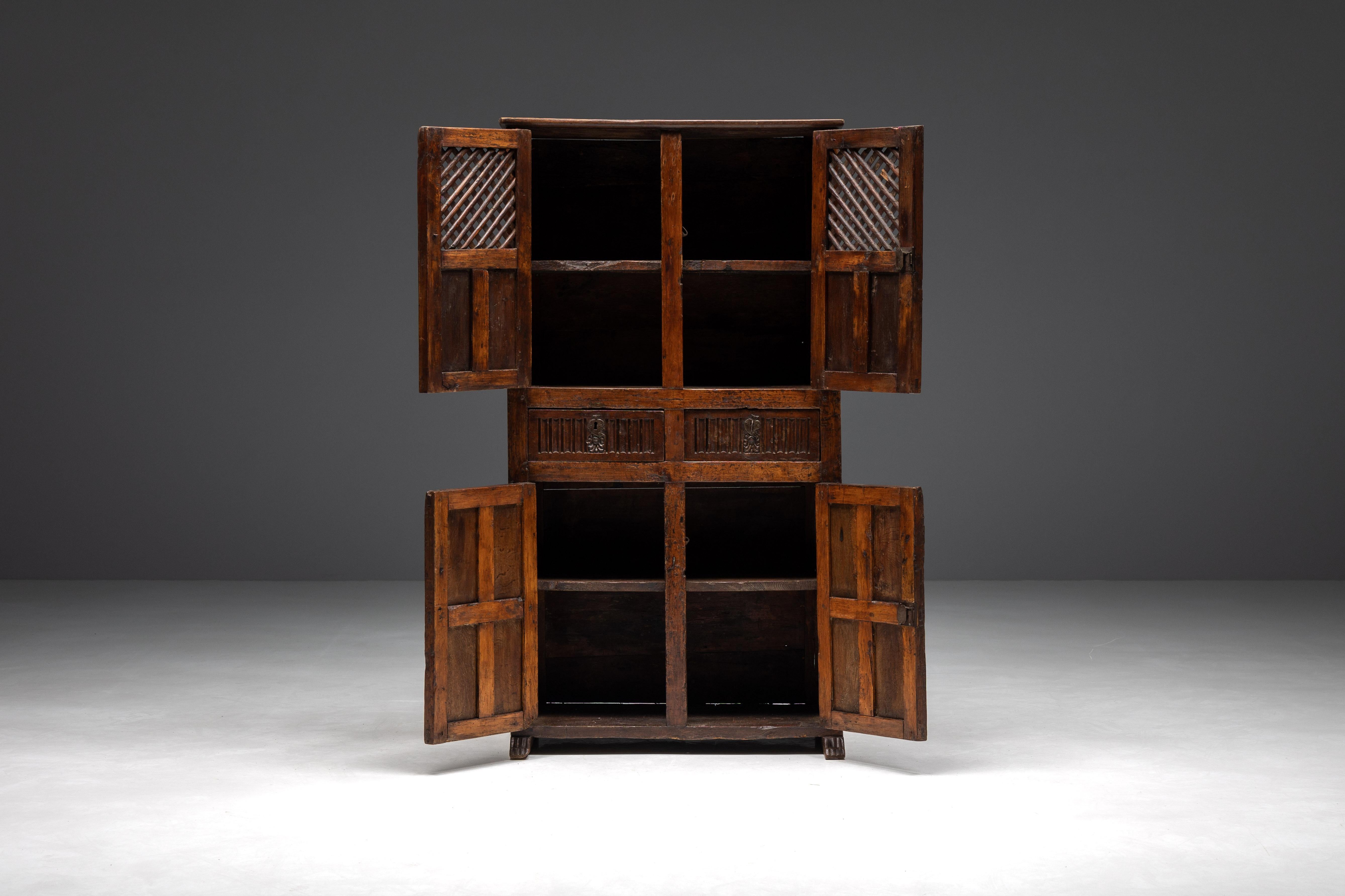 Early 19th Century Rustic Dark Wood Pantry Cabinet, Spain, 1800s For Sale